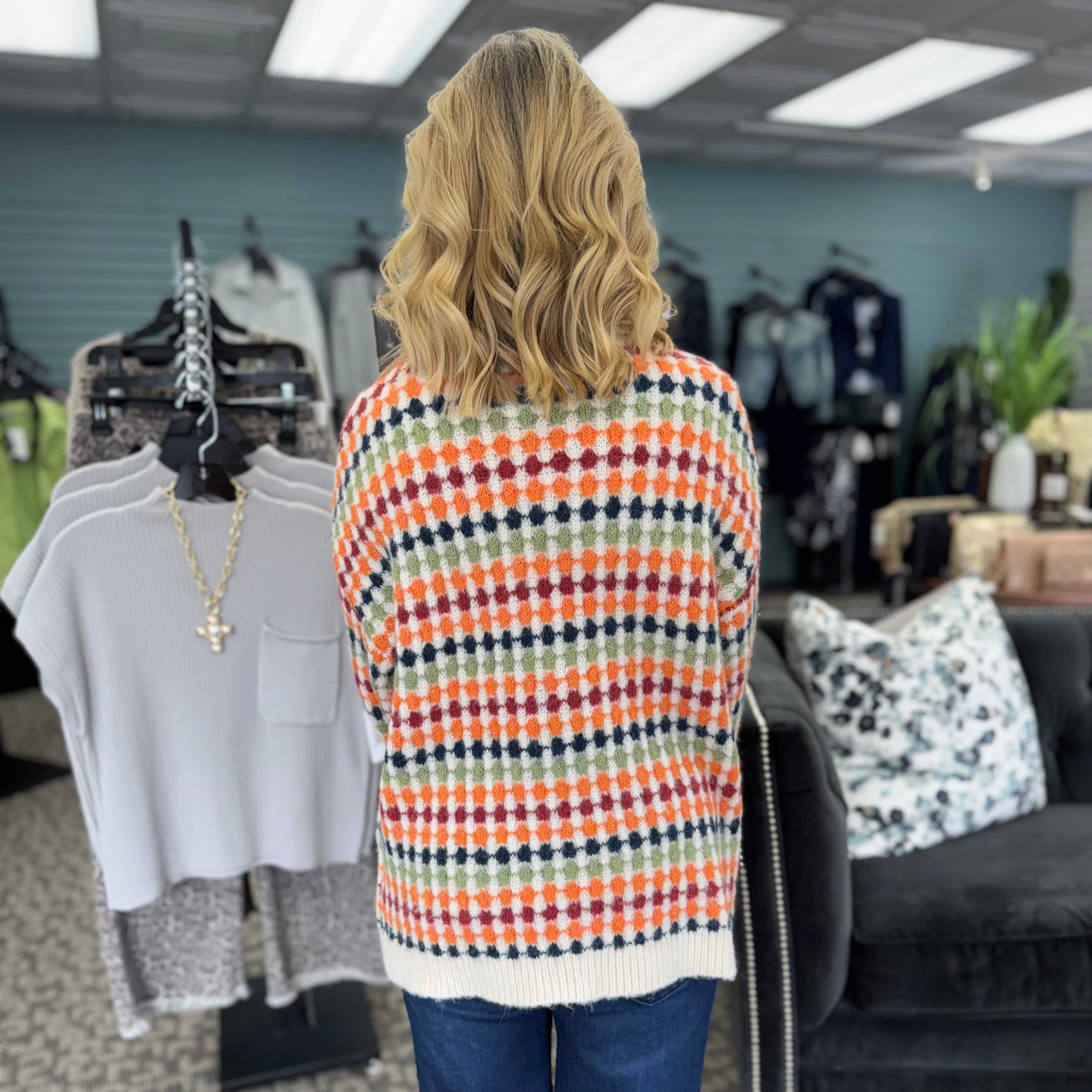 Dotty Striped Pattern Knit Drop Shoulder Sweater