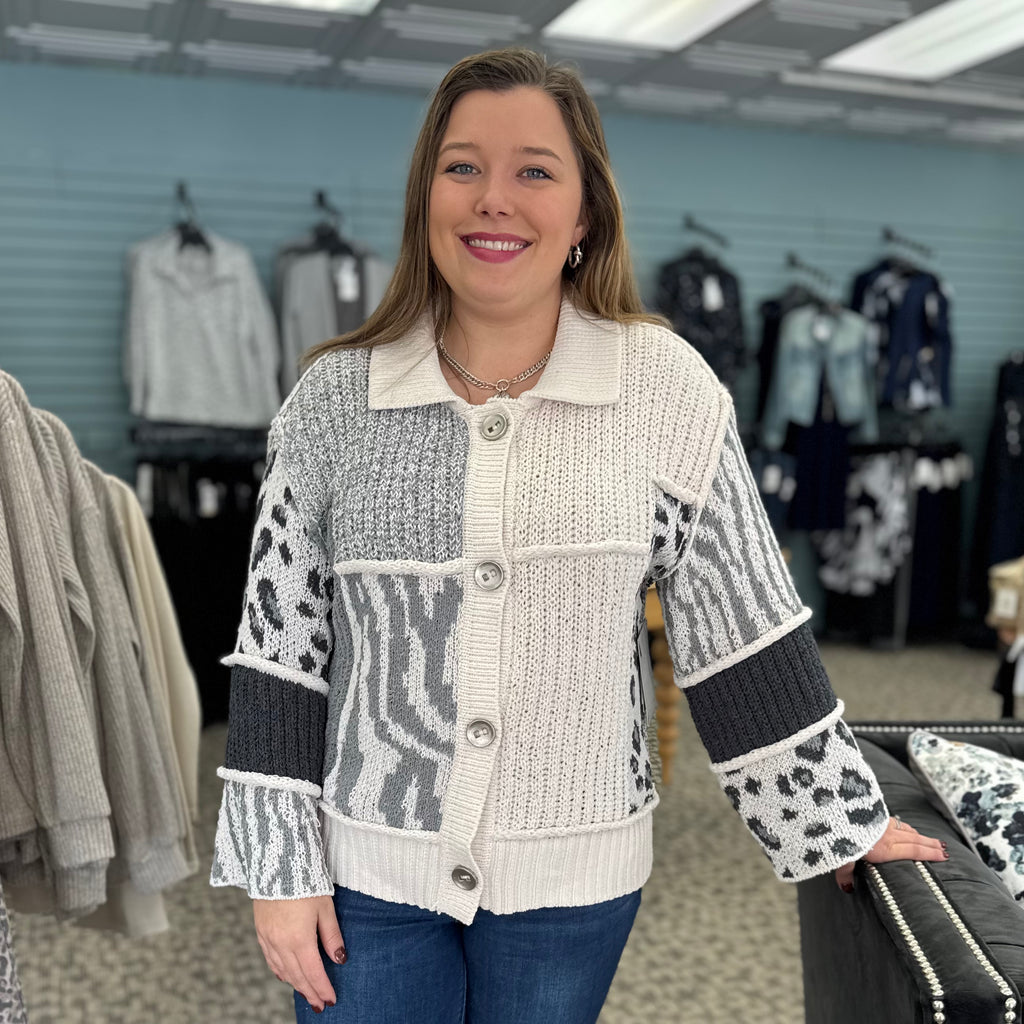 3/4 Sleeve Drop Shoulder Patch Sweater Cardigan