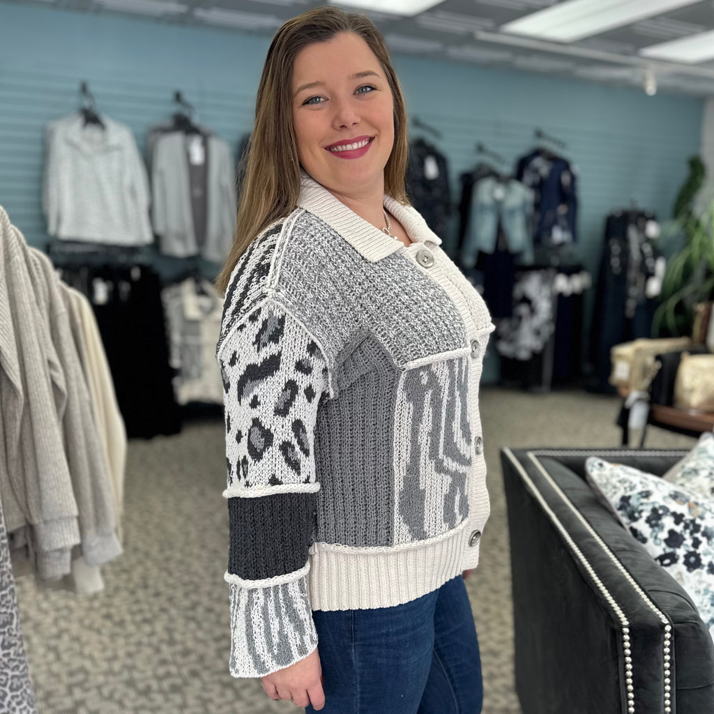 3/4 Sleeve Drop Shoulder Patch Sweater Cardigan