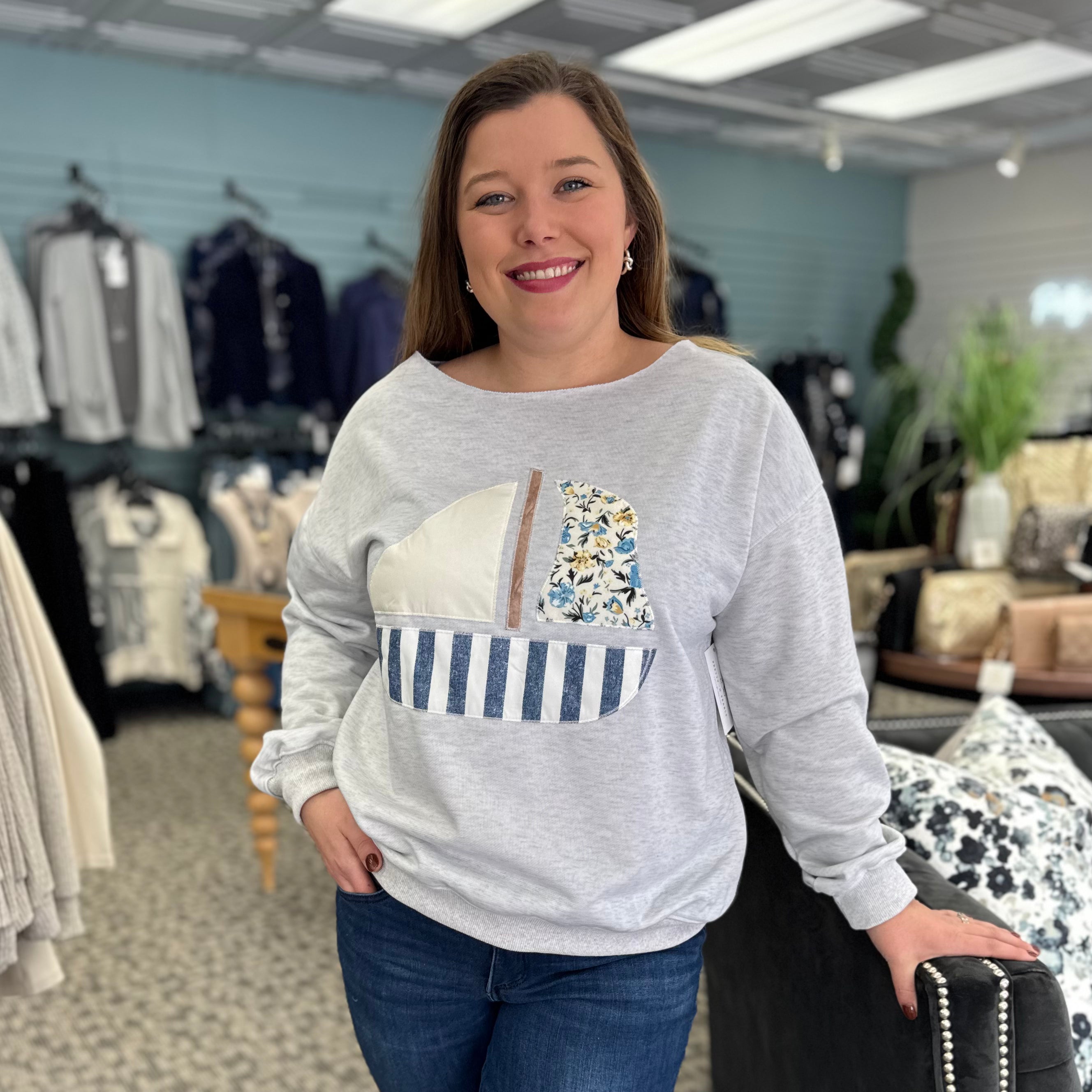 Long Sleeve Top with Sailboat Appliqué