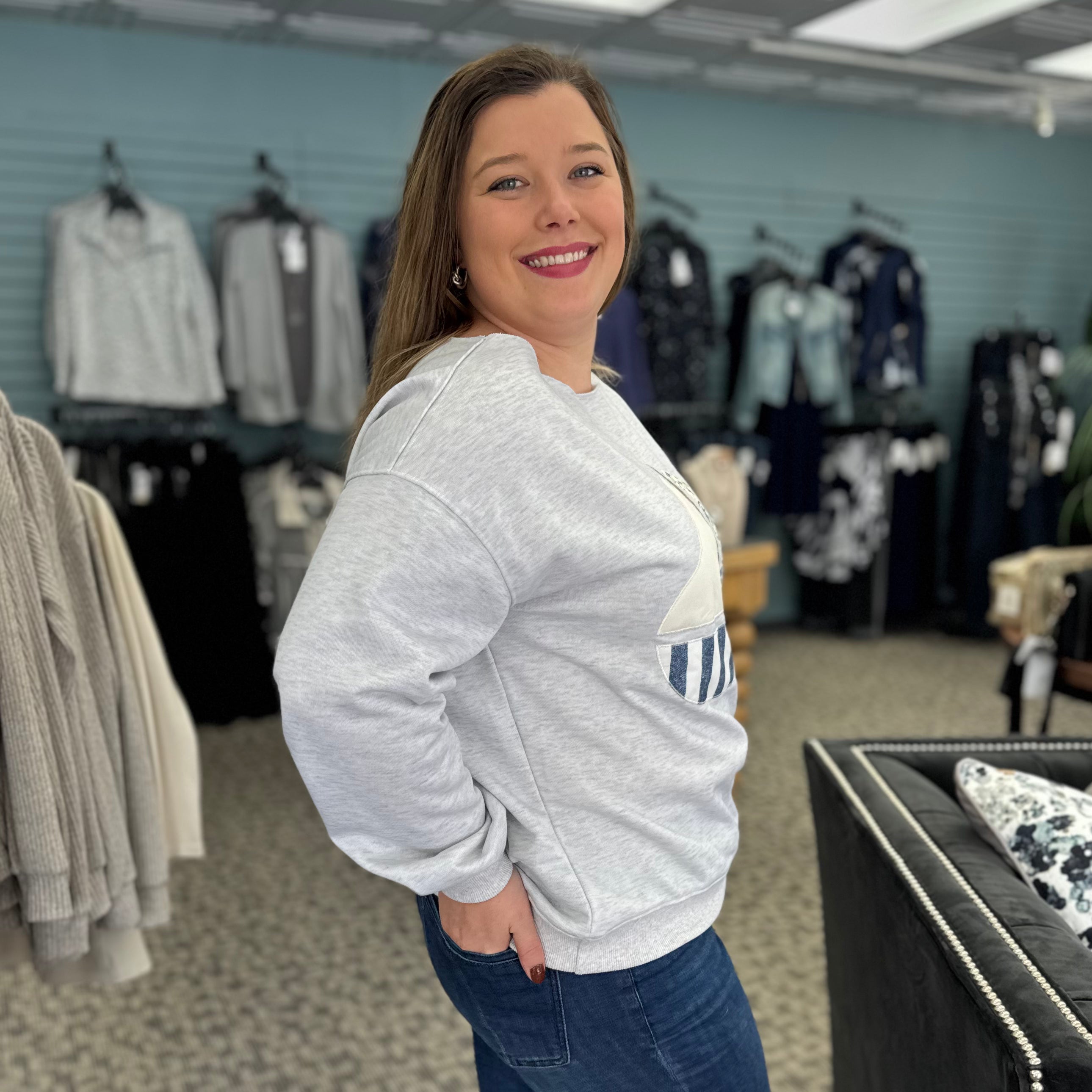 Long Sleeve Top with Sailboat Appliqué