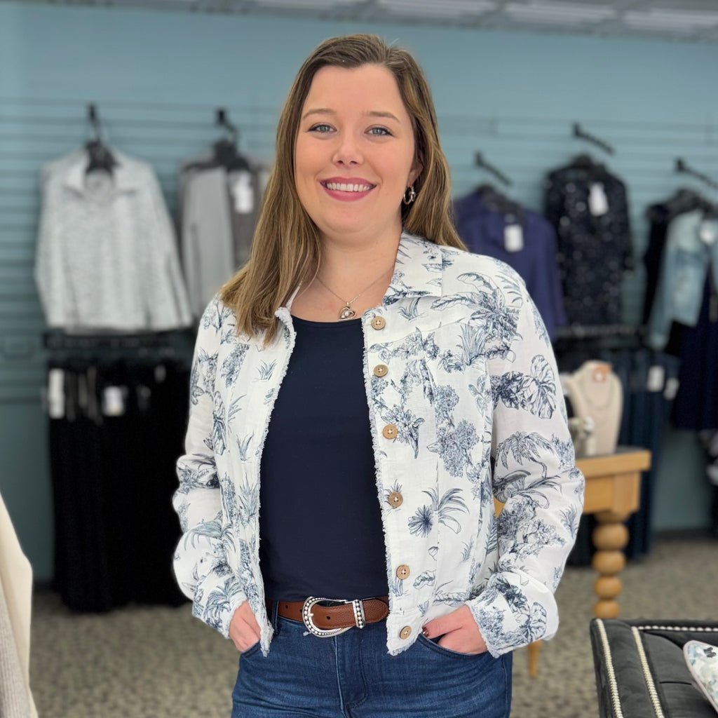 Printed Linen Jacket with Frayed Hem