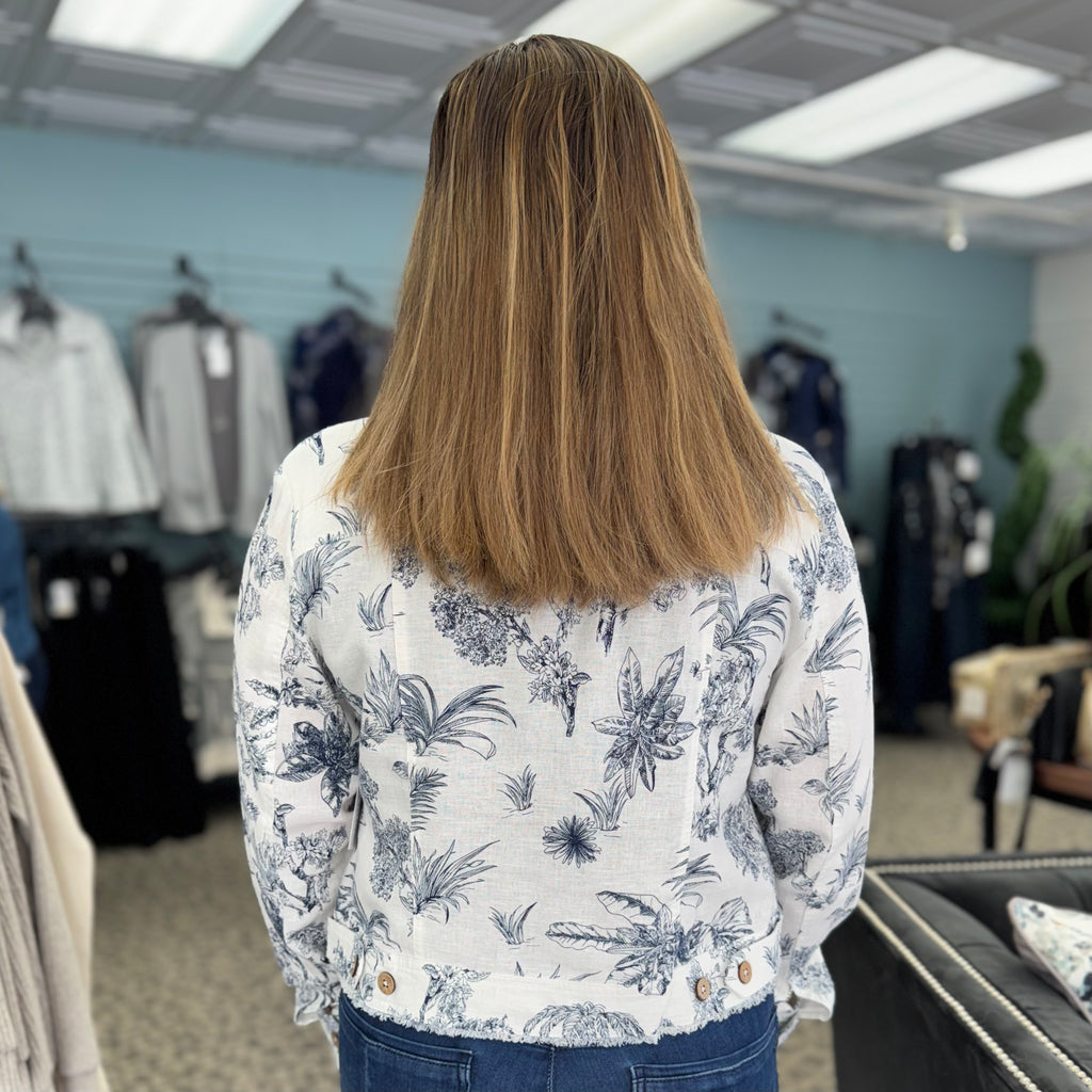 Printed Linen Jacket with Frayed Hem