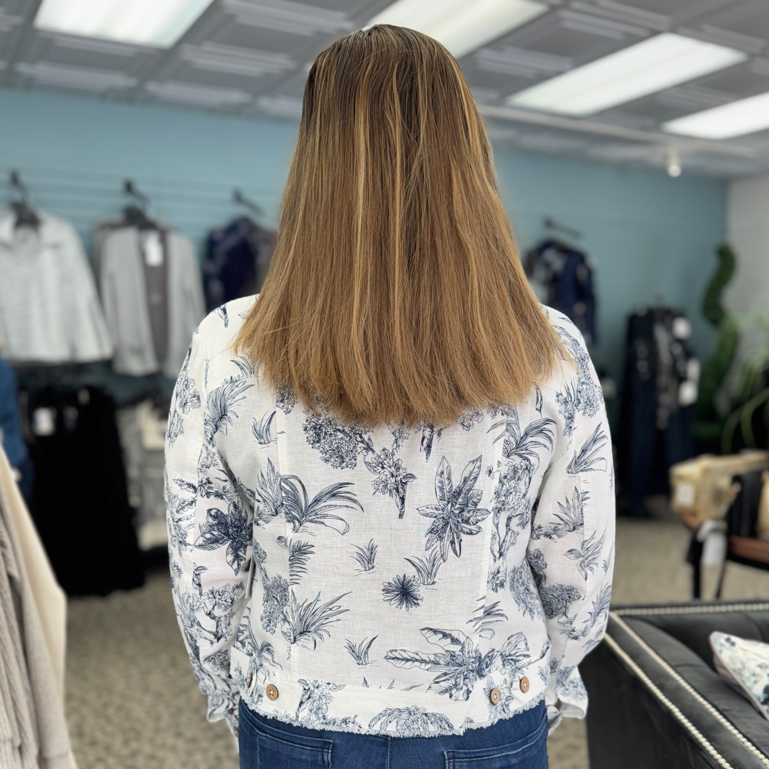 Printed Linen Jacket with Frayed Hem