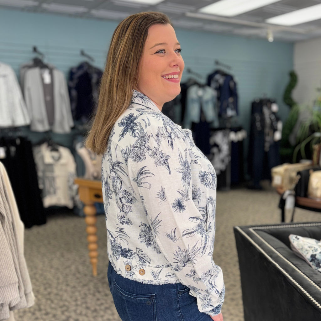 Printed Linen Jacket with Frayed Hem