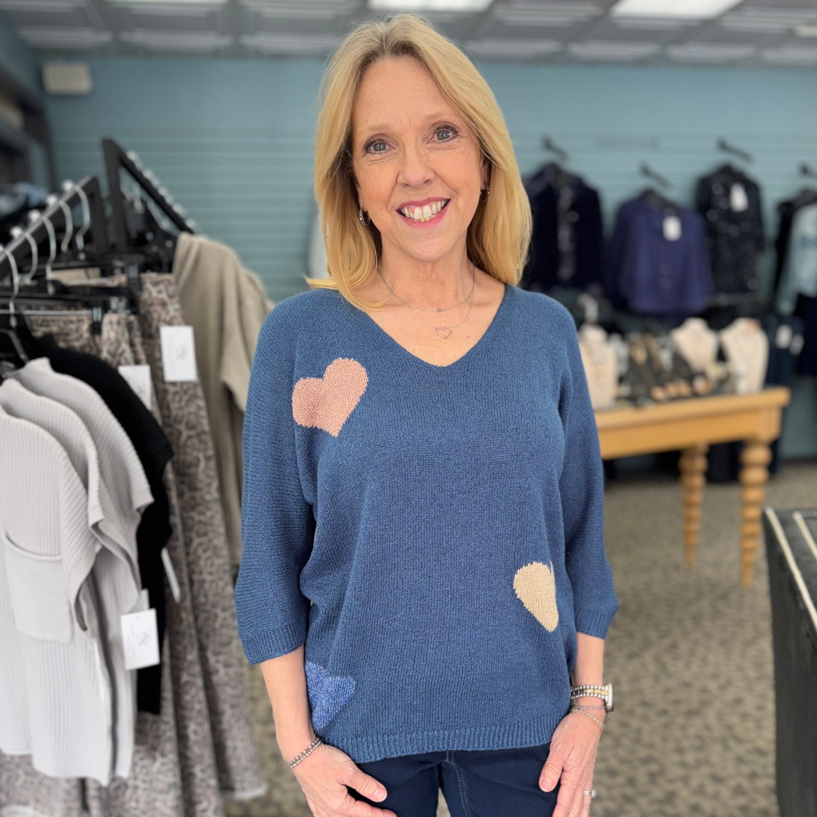 Dolman Elbow Sleeve Sweater with Placed Jacquard Pattern