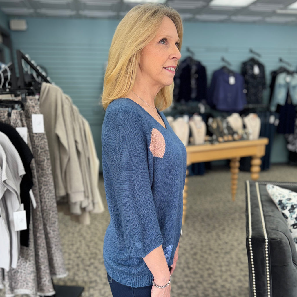 Dolman Elbow Sleeve Sweater with Placed Jacquard Pattern