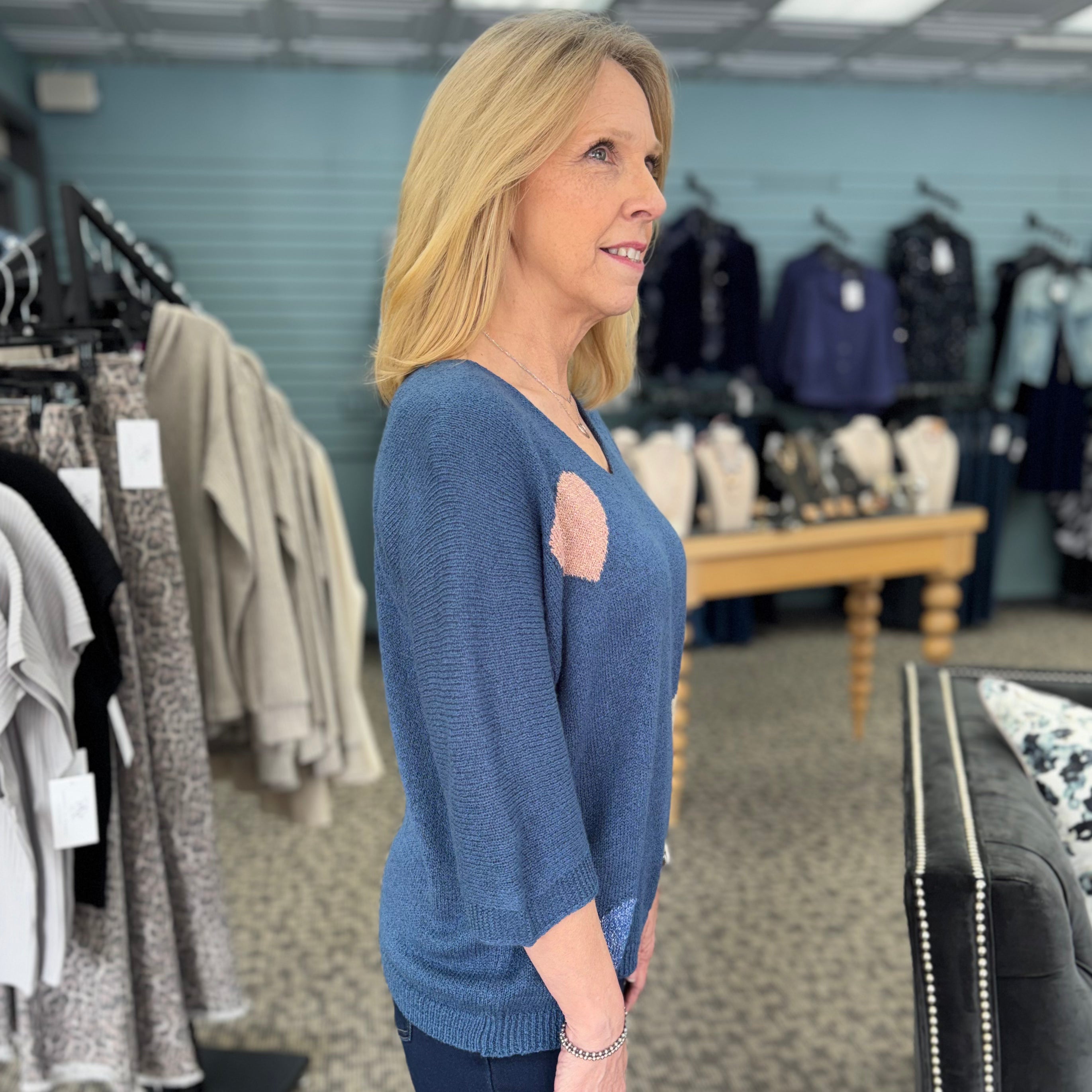 Dolman Elbow Sleeve Sweater with Placed Jacquard Pattern