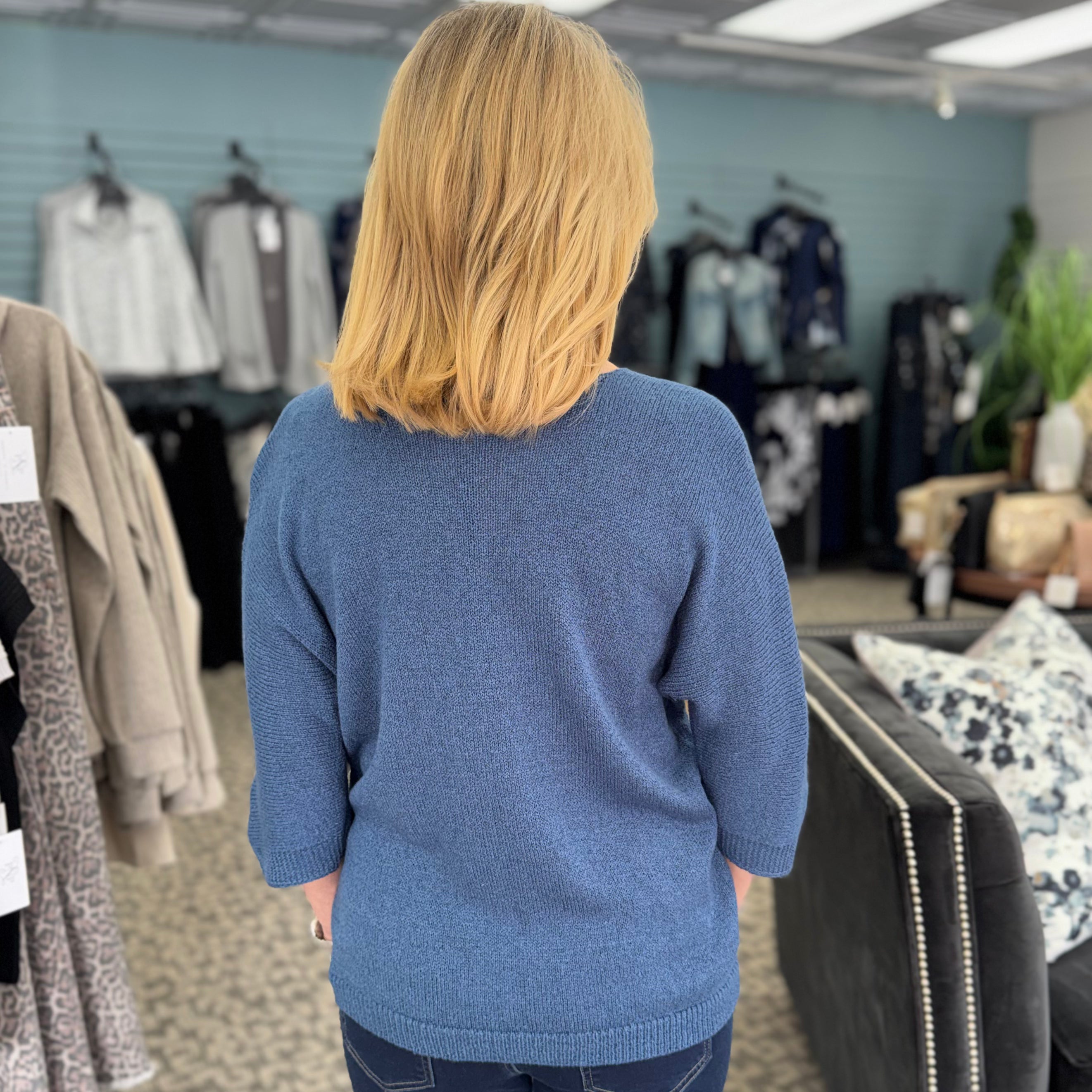 Dolman Elbow Sleeve Sweater with Placed Jacquard Pattern