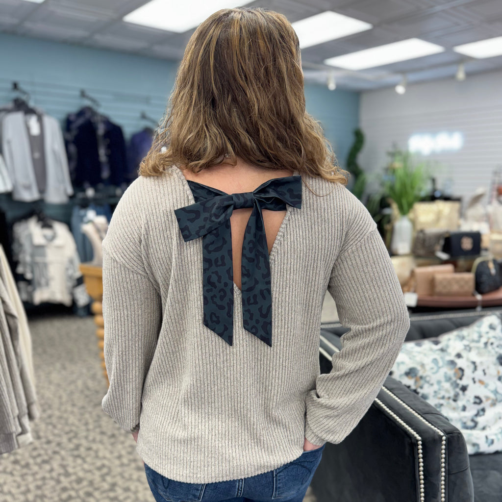 Ribbon Bow Back Drop Shoulder Long Sleeve Top
