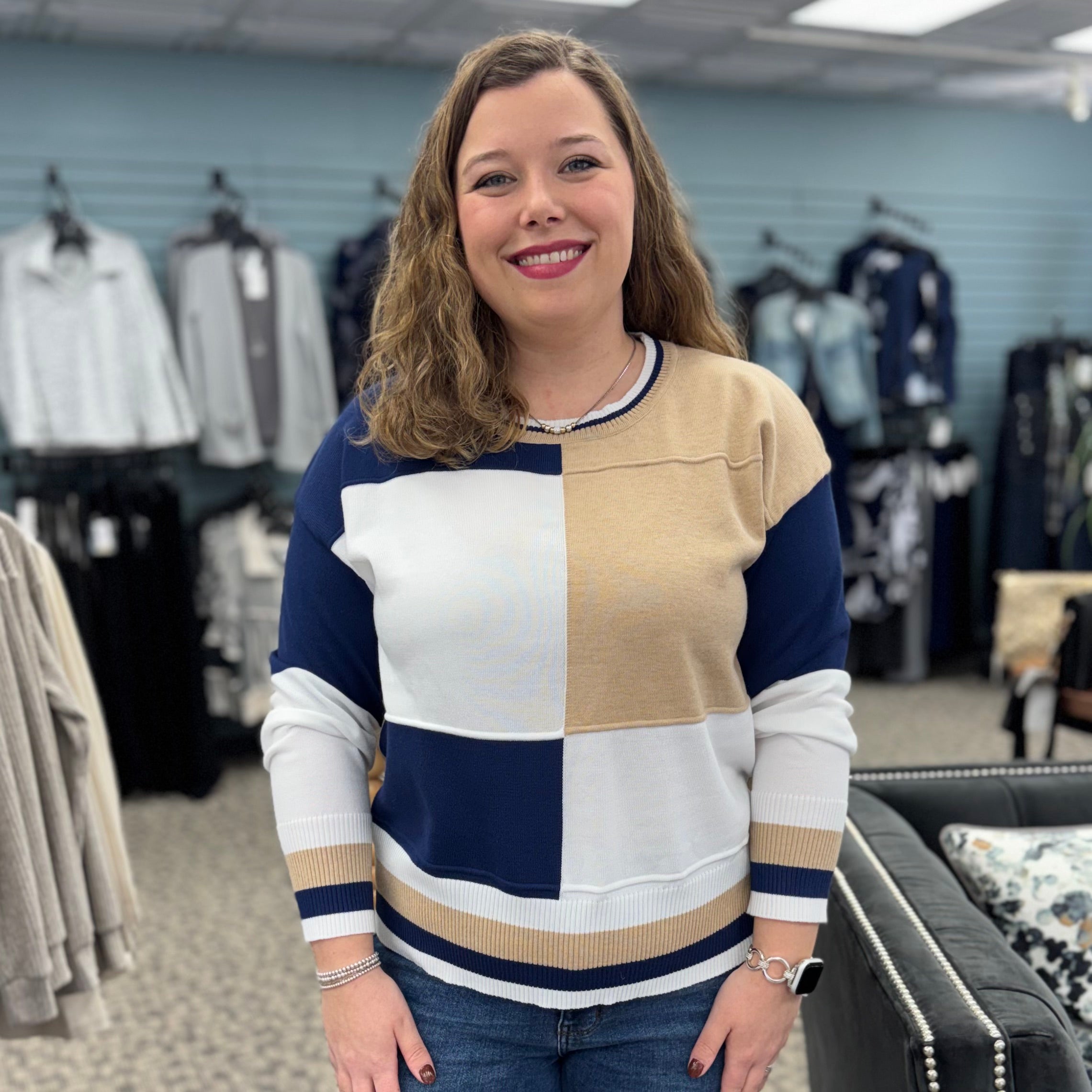 Color Block Knit Top with Long Sleeves