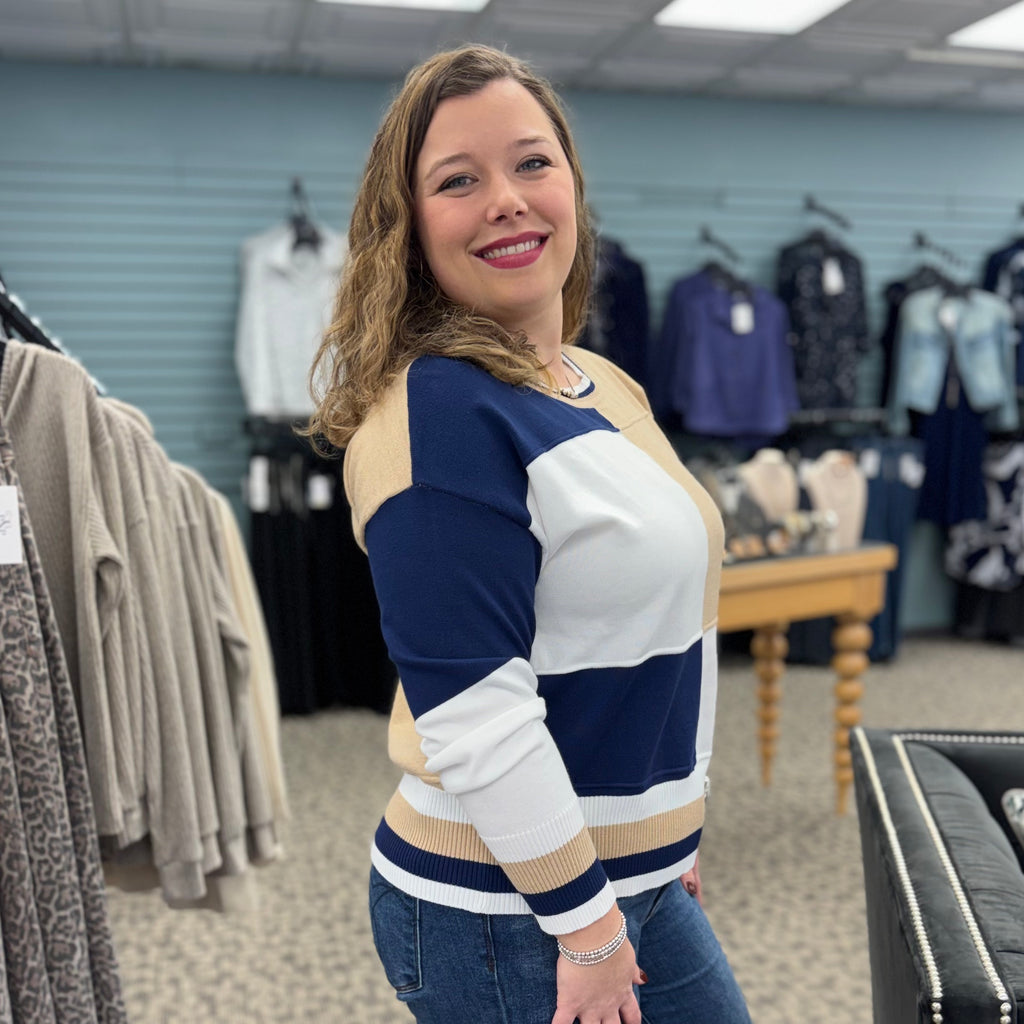 Color Block Knit Top with Long Sleeves