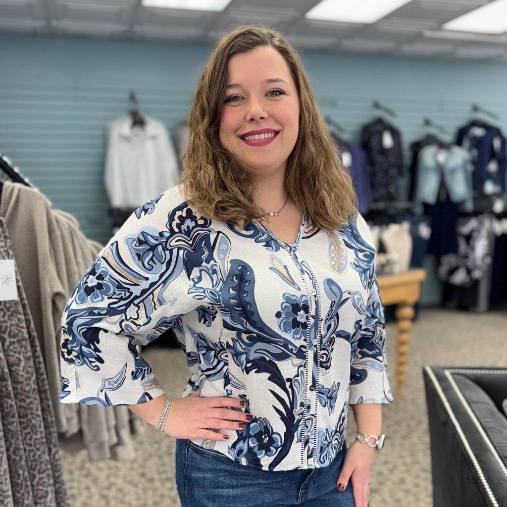Printed Dolman Sleeve Blouse with Front Button Detail