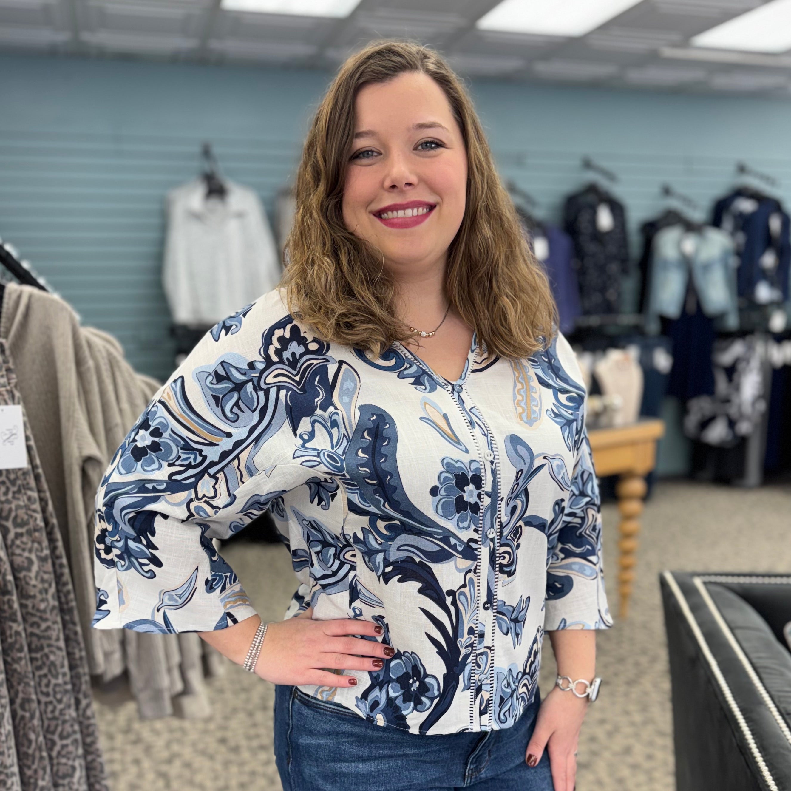 Printed Dolman Sleeve Blouse with Front Button Detail