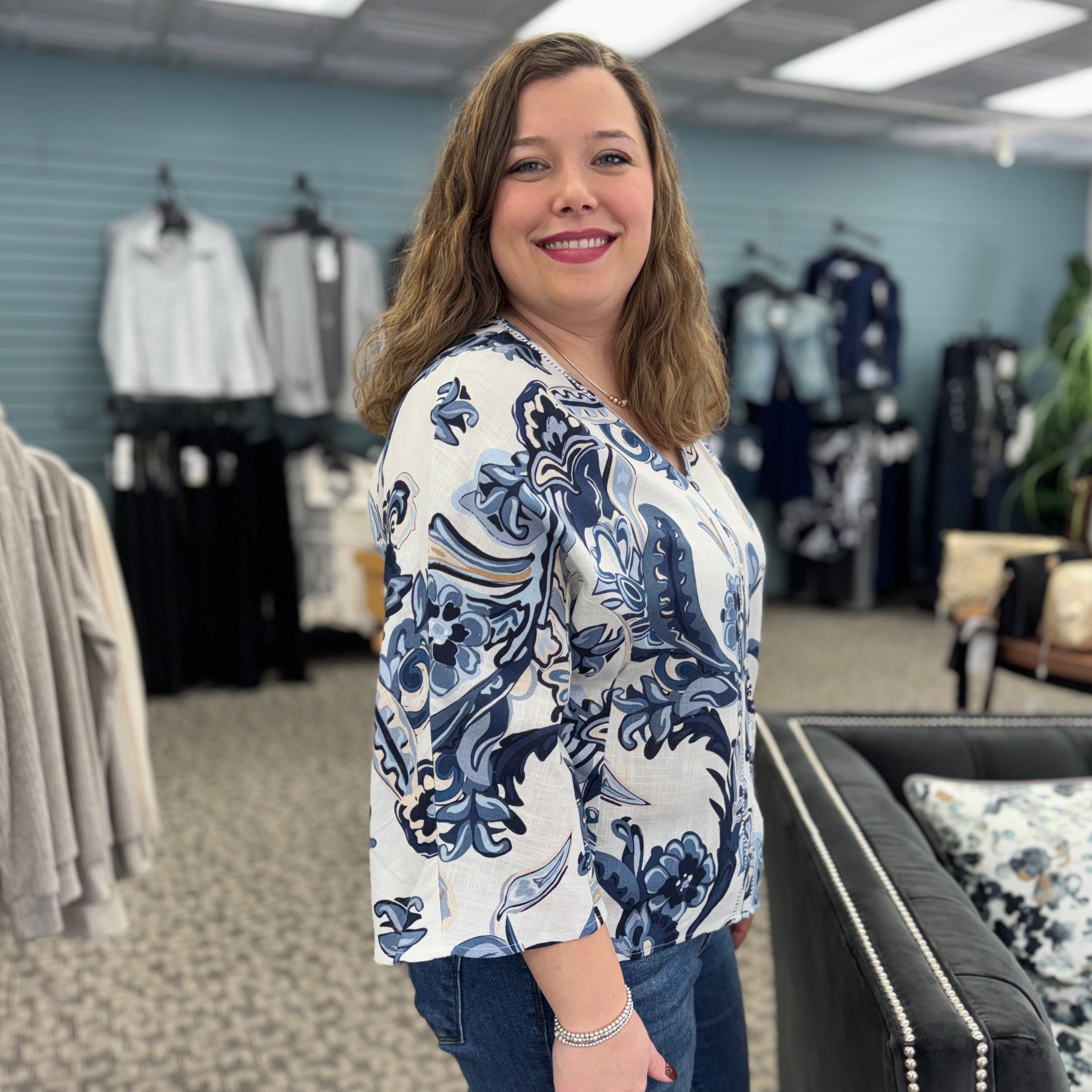Printed Dolman Sleeve Blouse with Front Button Detail