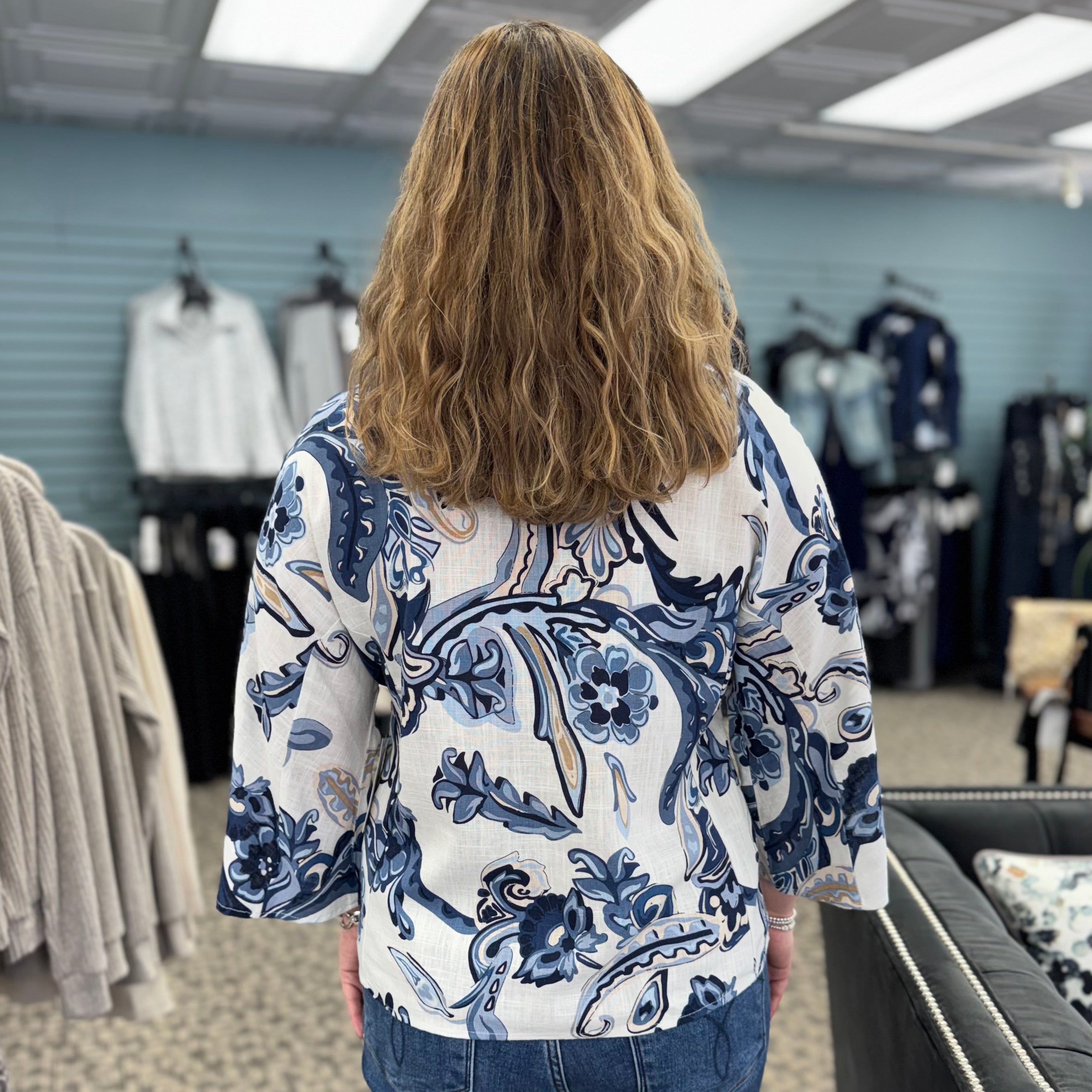 Printed Dolman Sleeve Blouse with Front Button Detail