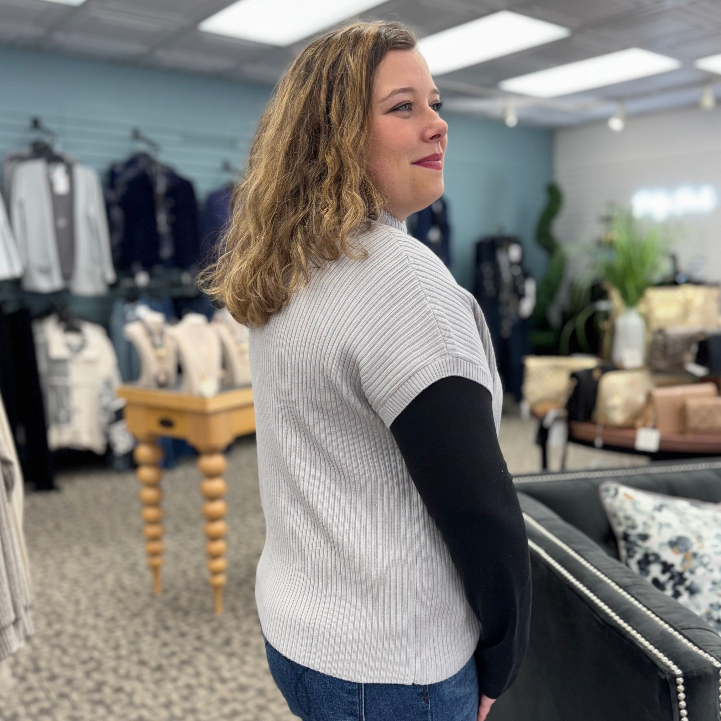 Patch Pocket Ribbed Knit Short Sleeve Sweater