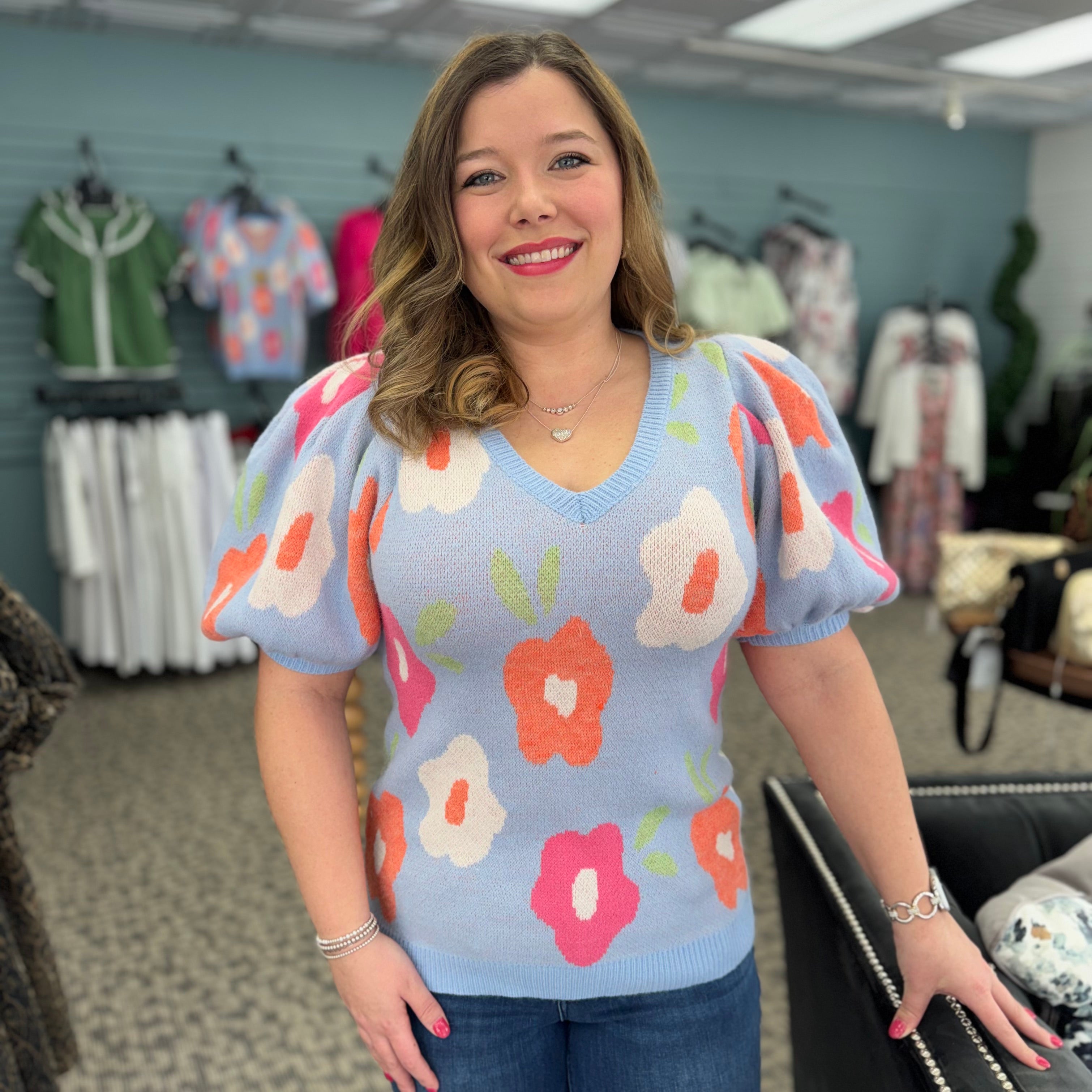 Floral Pattern Puff Sleeves V-Neck