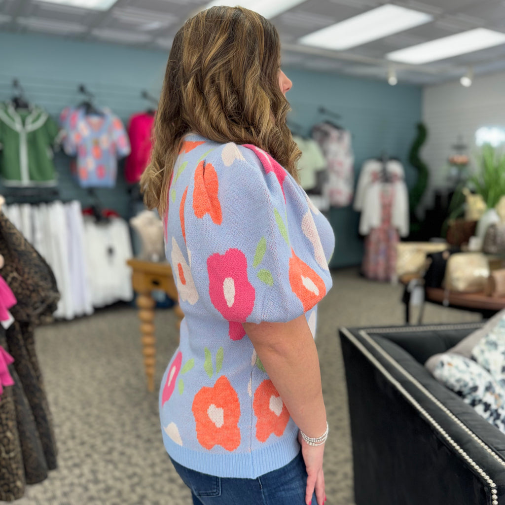 Floral Pattern Puff Sleeves V-Neck