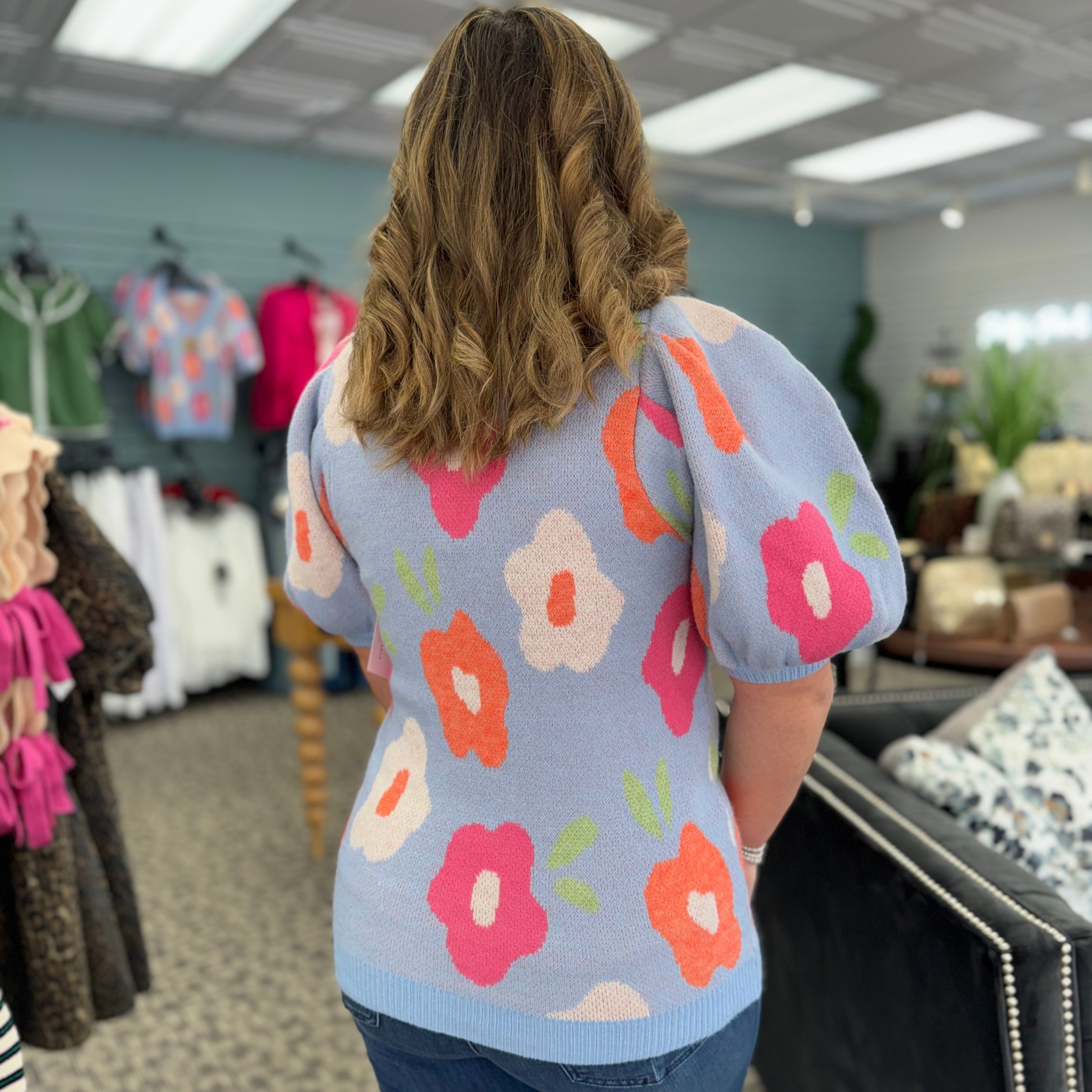 Floral Pattern Puff Sleeves V-Neck
