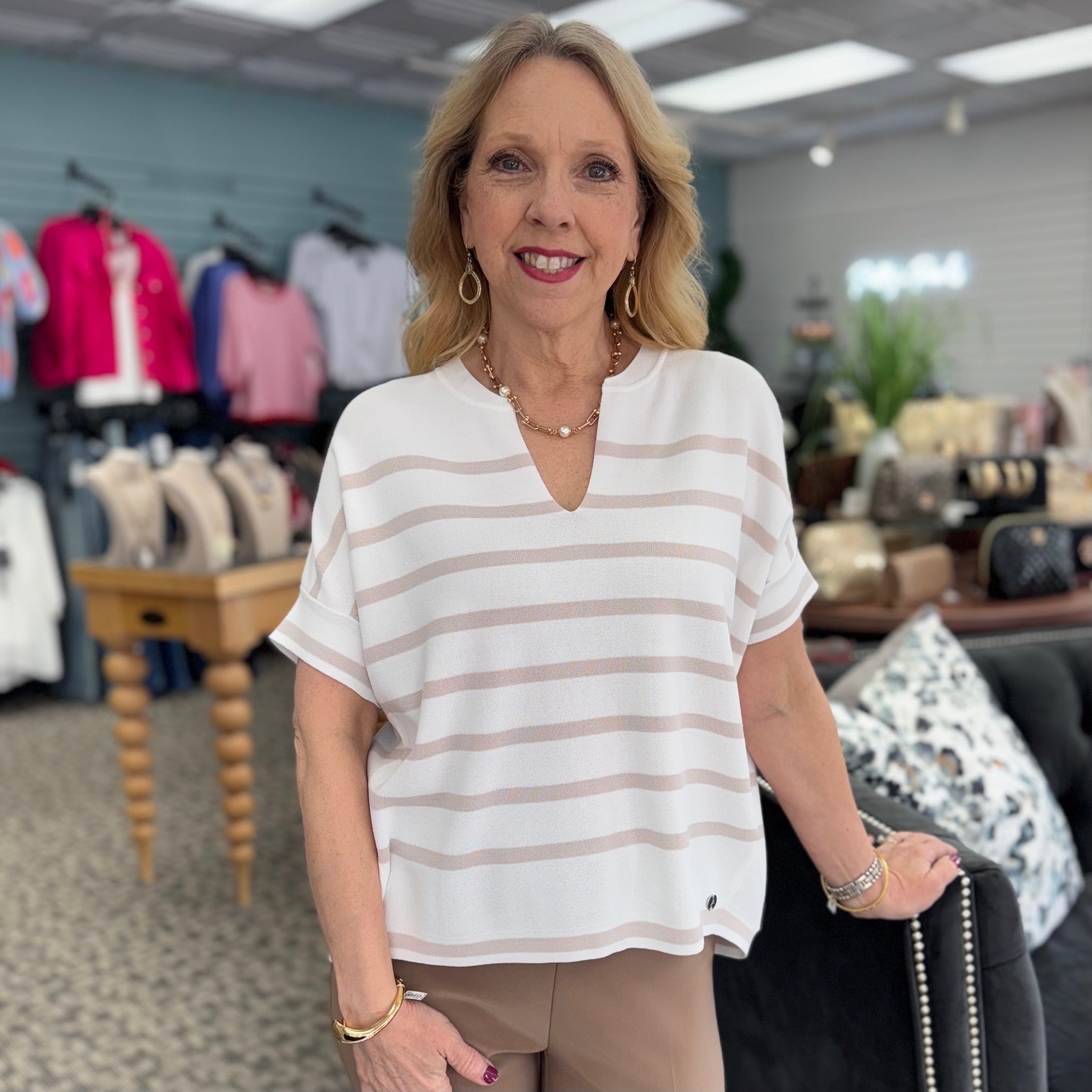 Stripe Print Short Sleeve Sweater