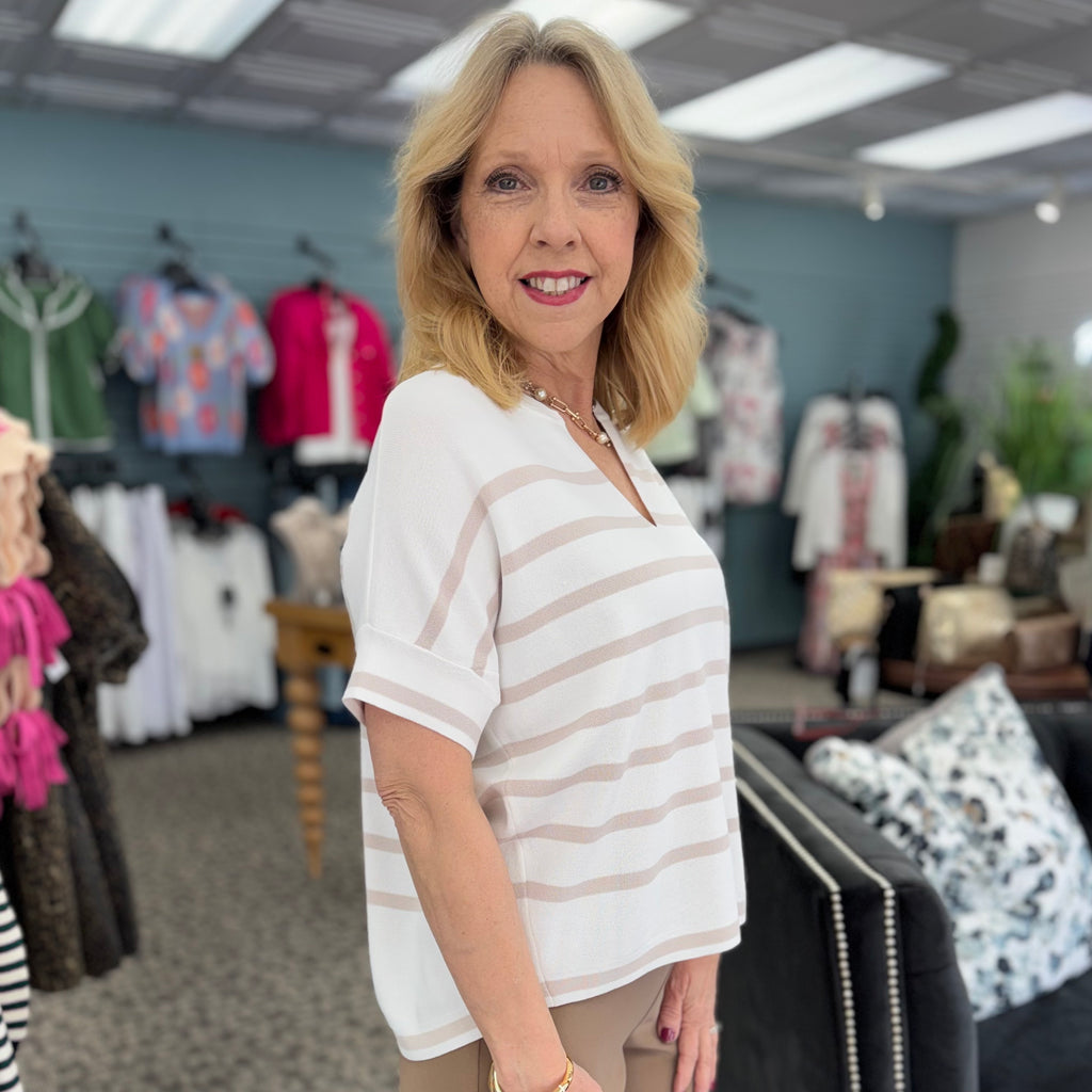 Stripe Print Short Sleeve Sweater