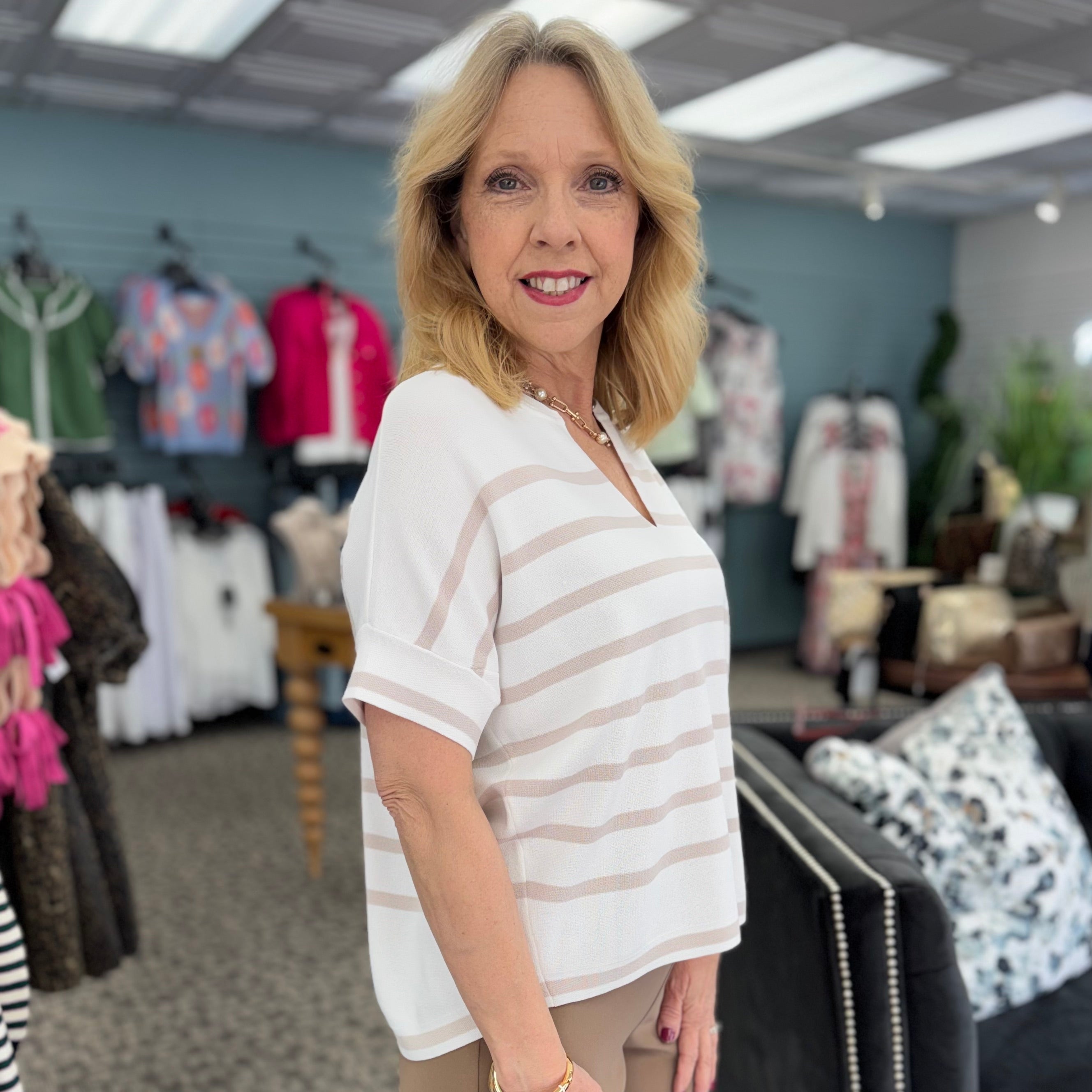 Stripe Print Short Sleeve Sweater