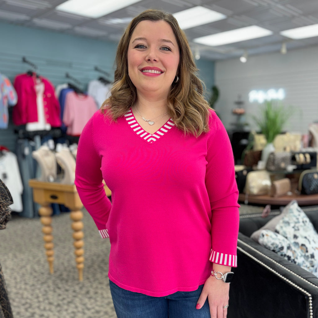3/4 Sleeve Banded V-Neck Sweater Top
