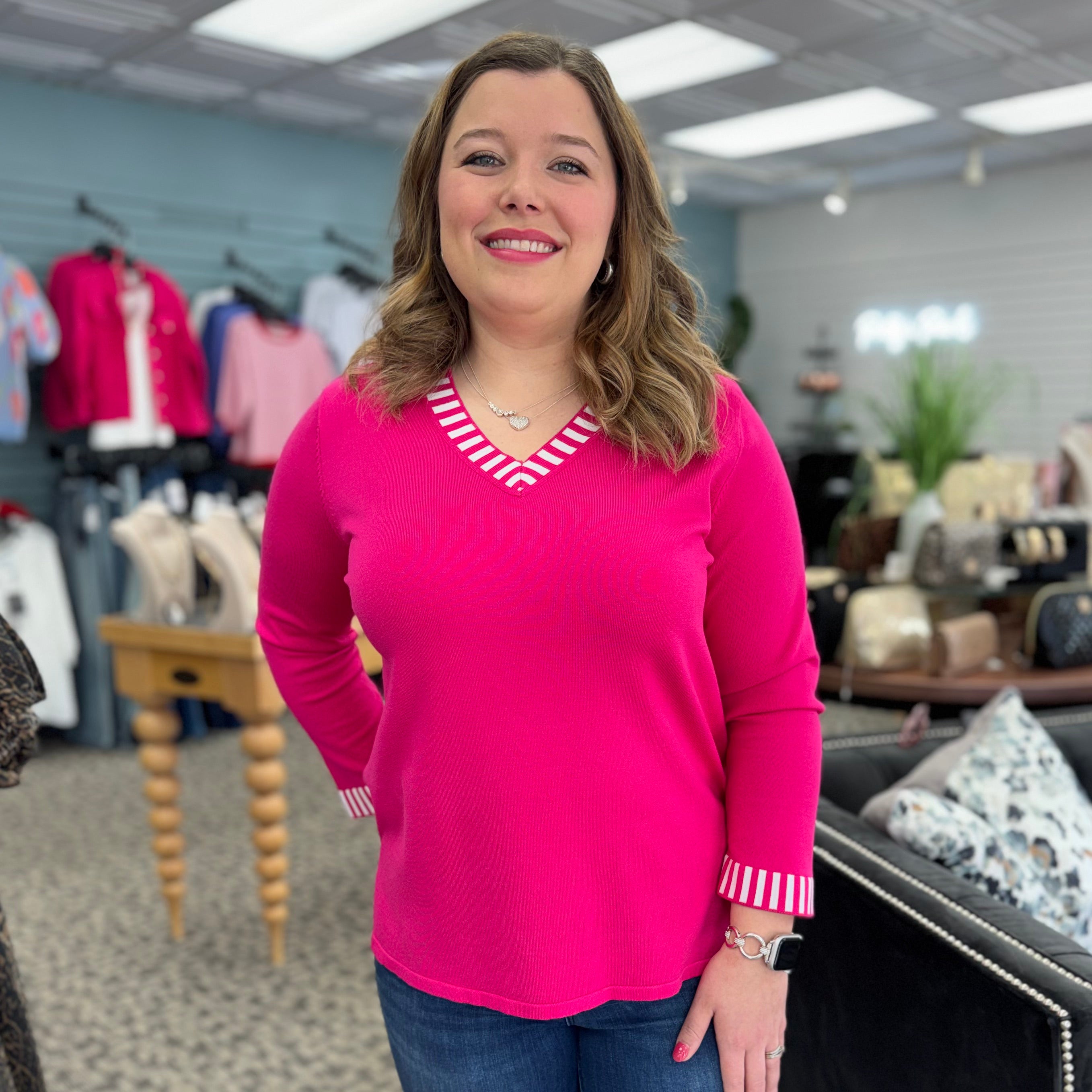 3/4 Sleeve Banded V-Neck Sweater Top