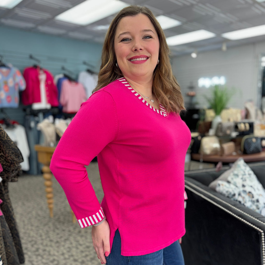 3/4 Sleeve Banded V-Neck Sweater Top
