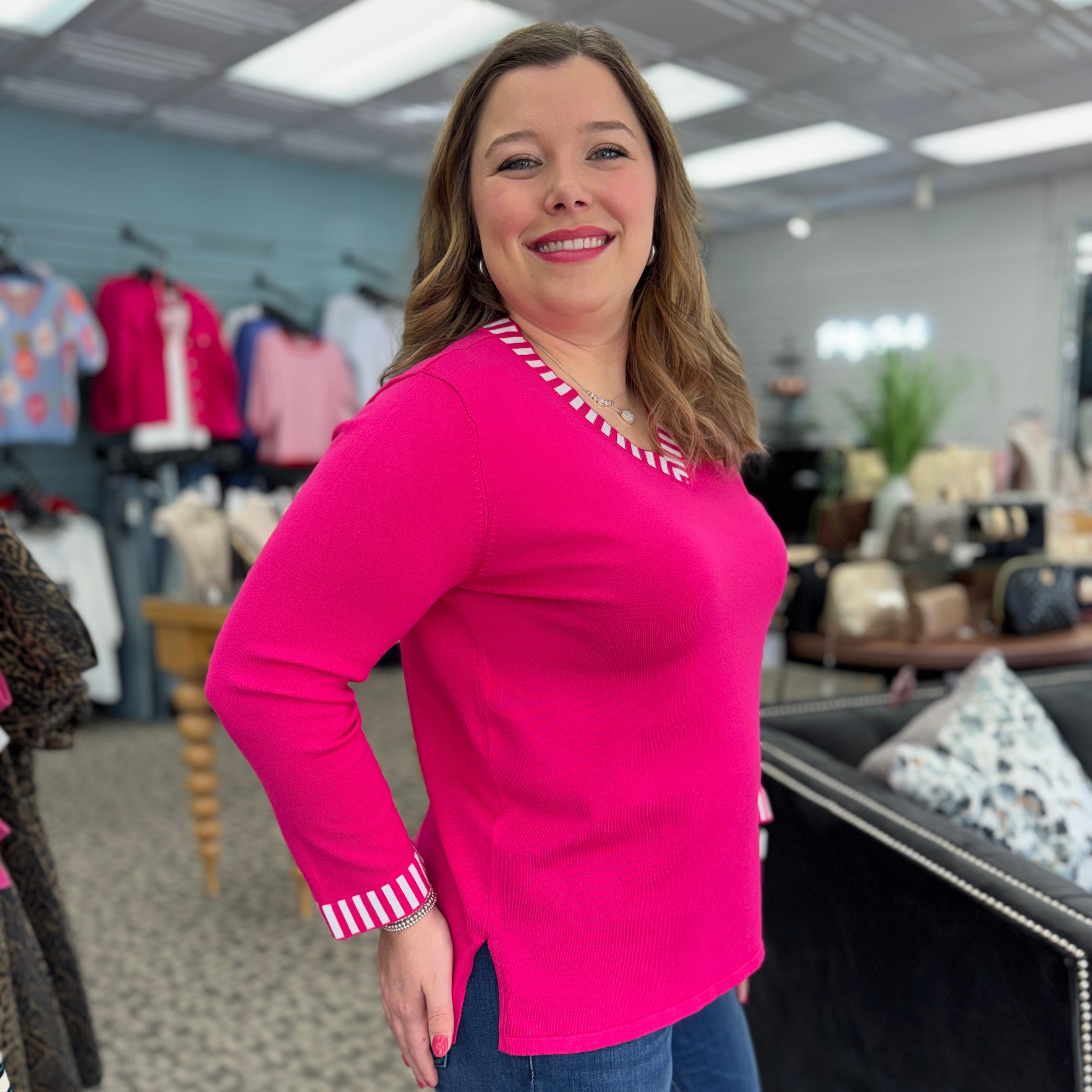 3/4 Sleeve Banded V-Neck Sweater Top