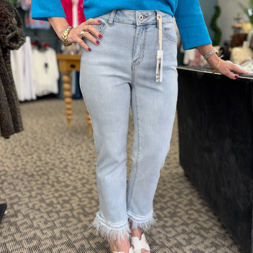 Stretch Denim Flare Pant With Removable Feather Trim At Hem