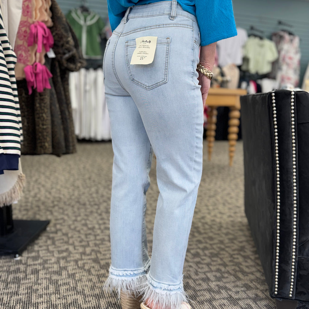 Stretch Denim Flare Pant With Removable Feather Trim At Hem