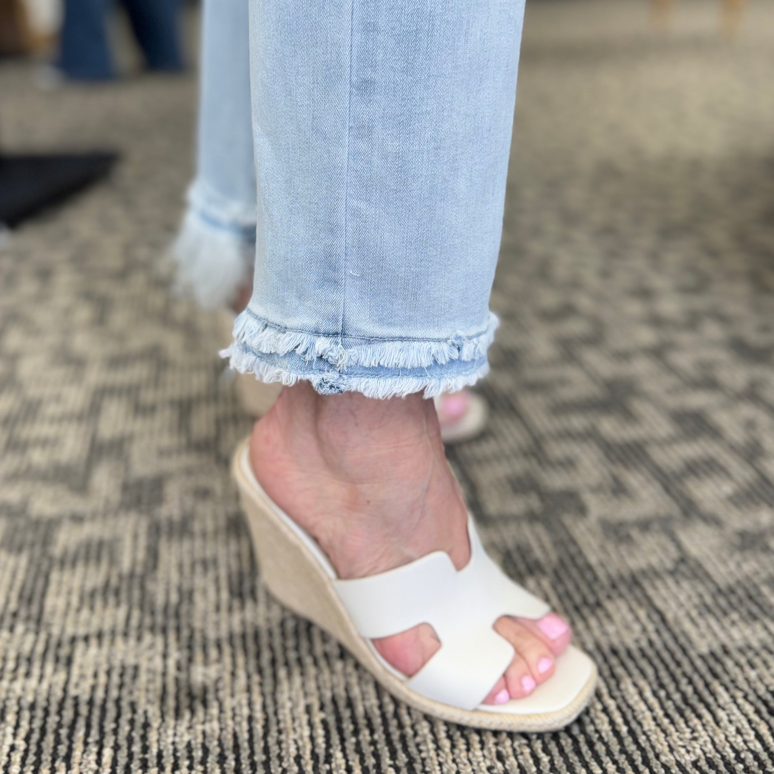 Stretch Denim Flare Pant With Removable Feather Trim At Hem