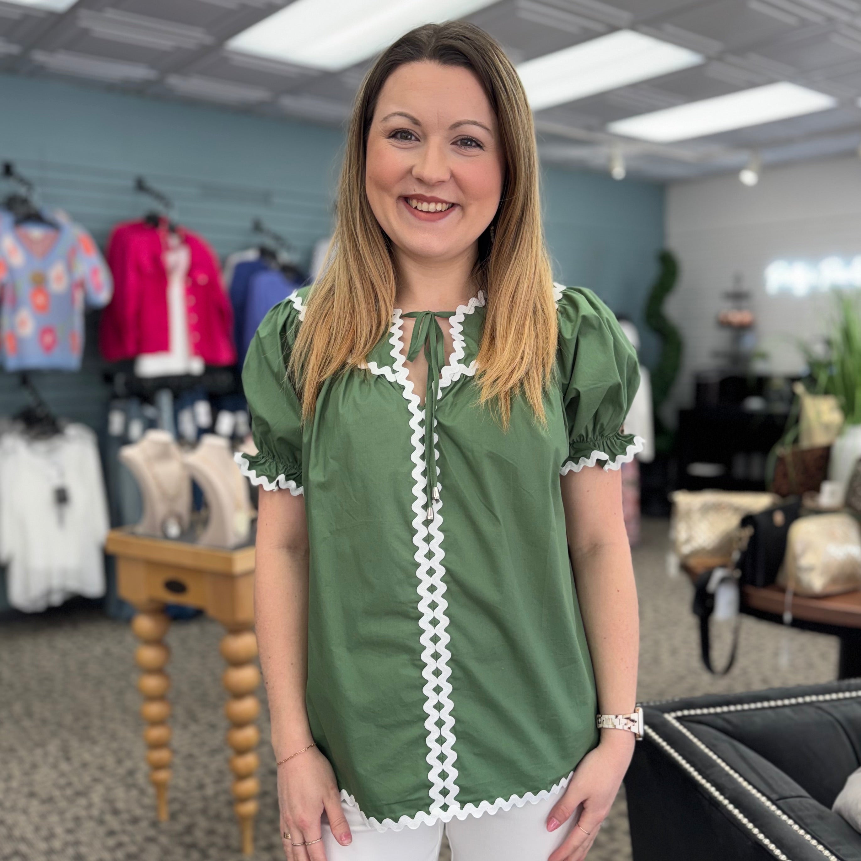 Ric Rac Trim Tie Split Neck Short Sleeve Blouse