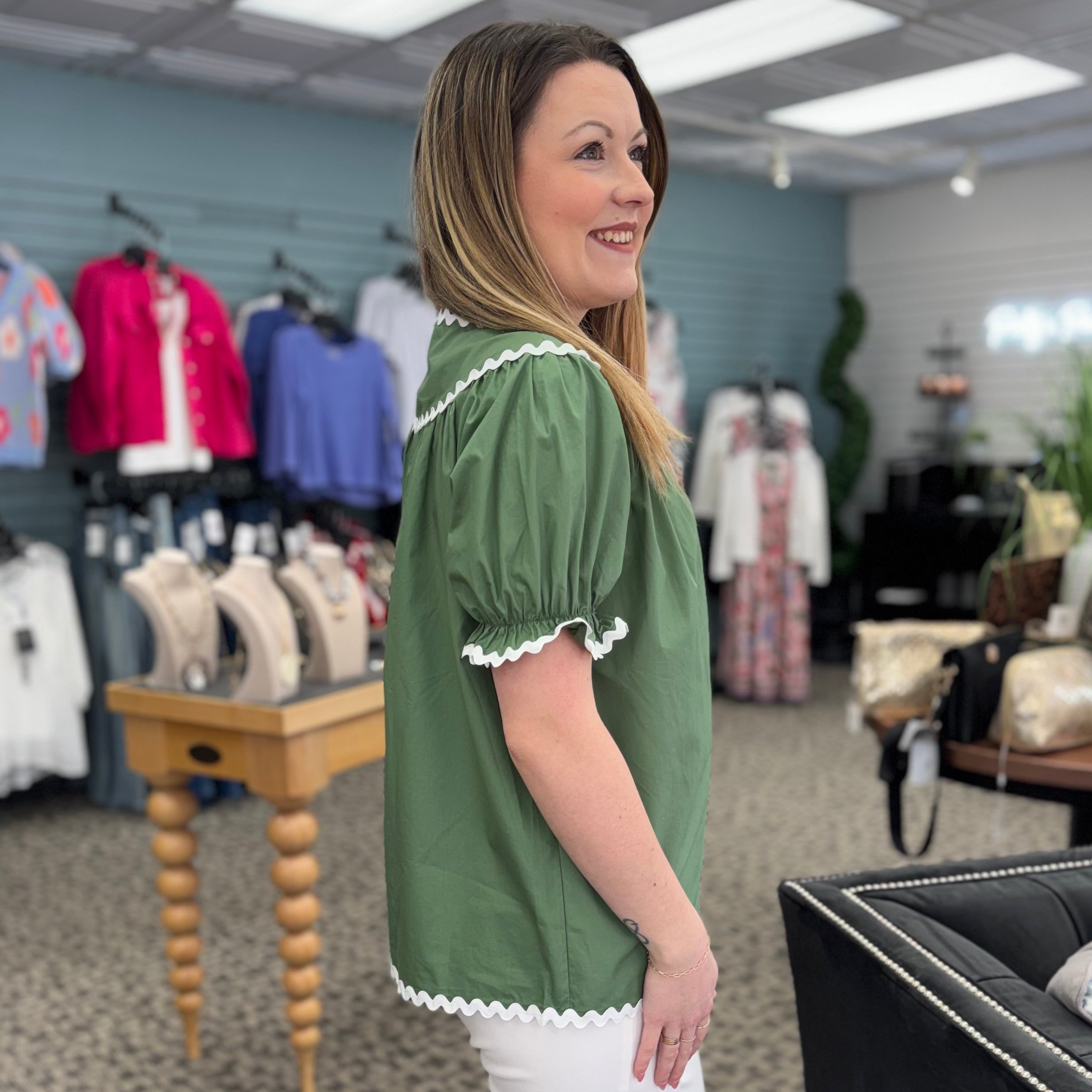 Ric Rac Trim Tie Split Neck Short Sleeve Blouse