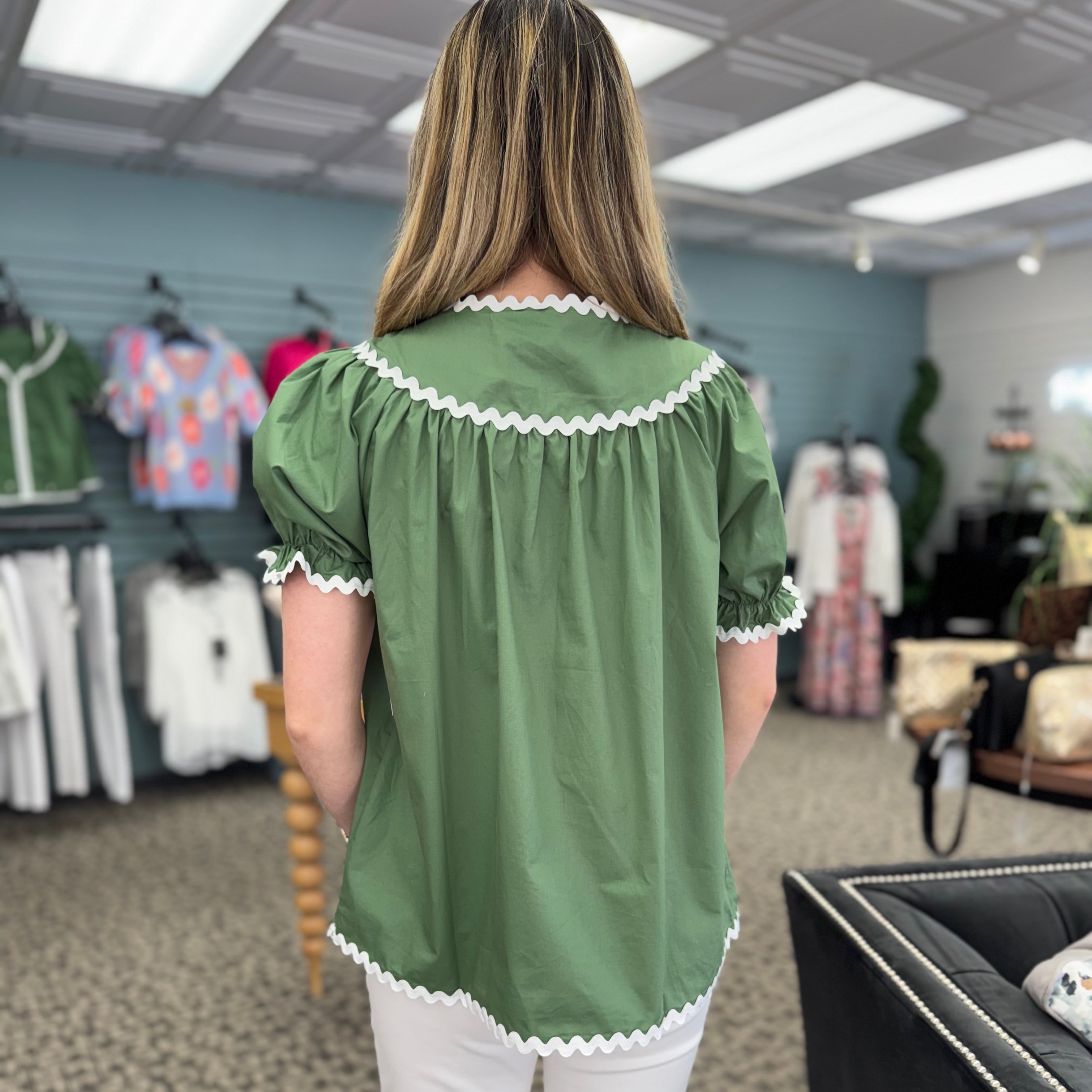 Ric Rac Trim Tie Split Neck Short Sleeve Blouse