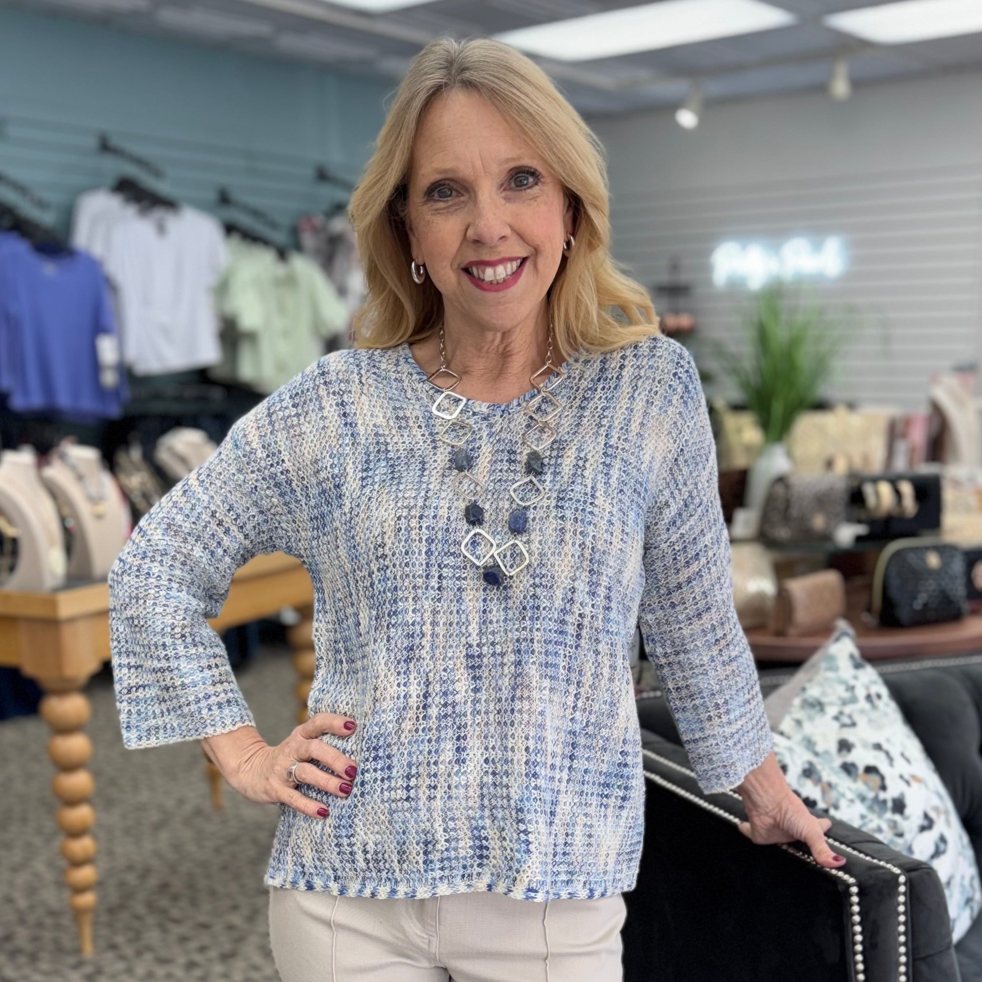 3/4 Sleeve Drop Shoulder V-Neck Sweater