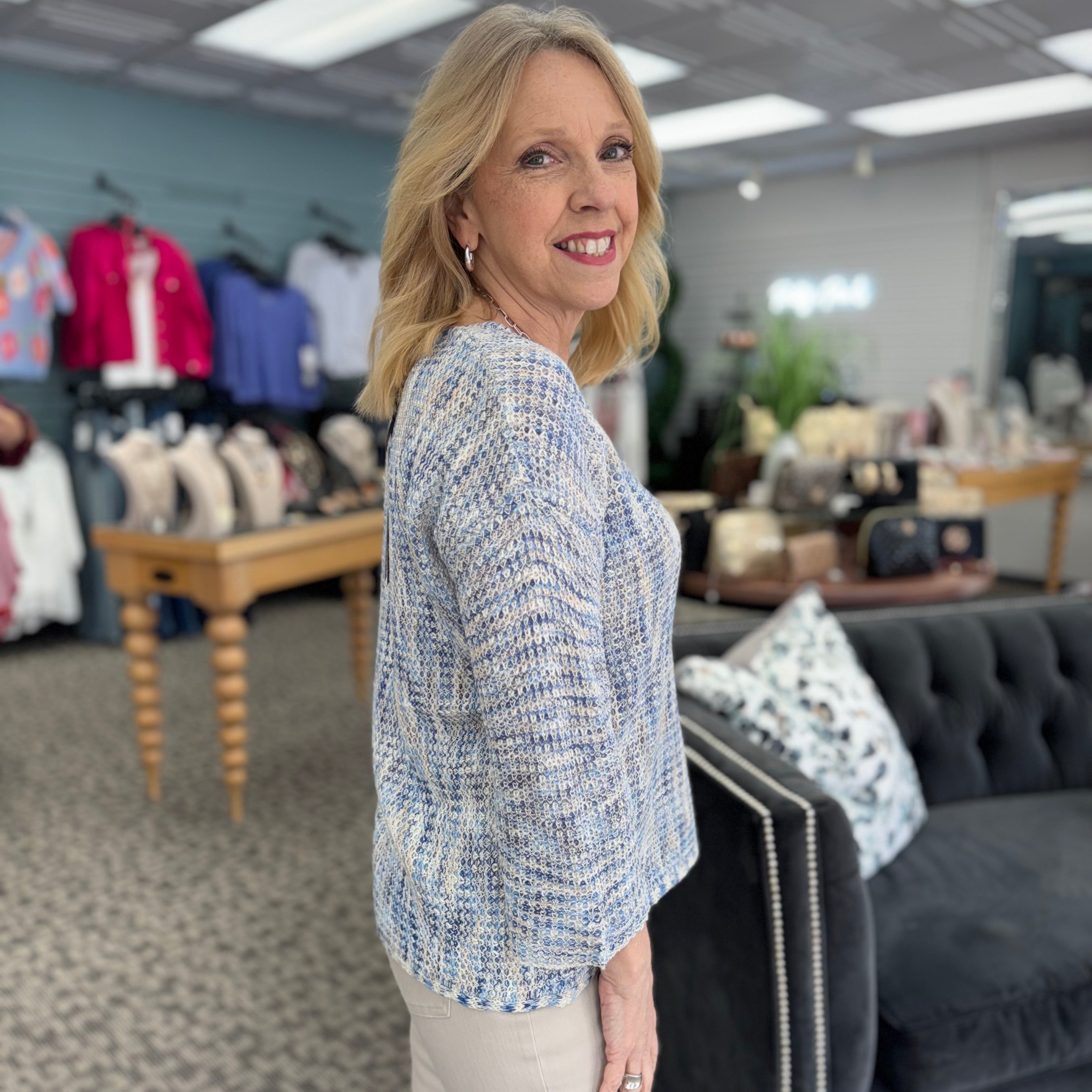 3/4 Sleeve Drop Shoulder V-Neck Sweater