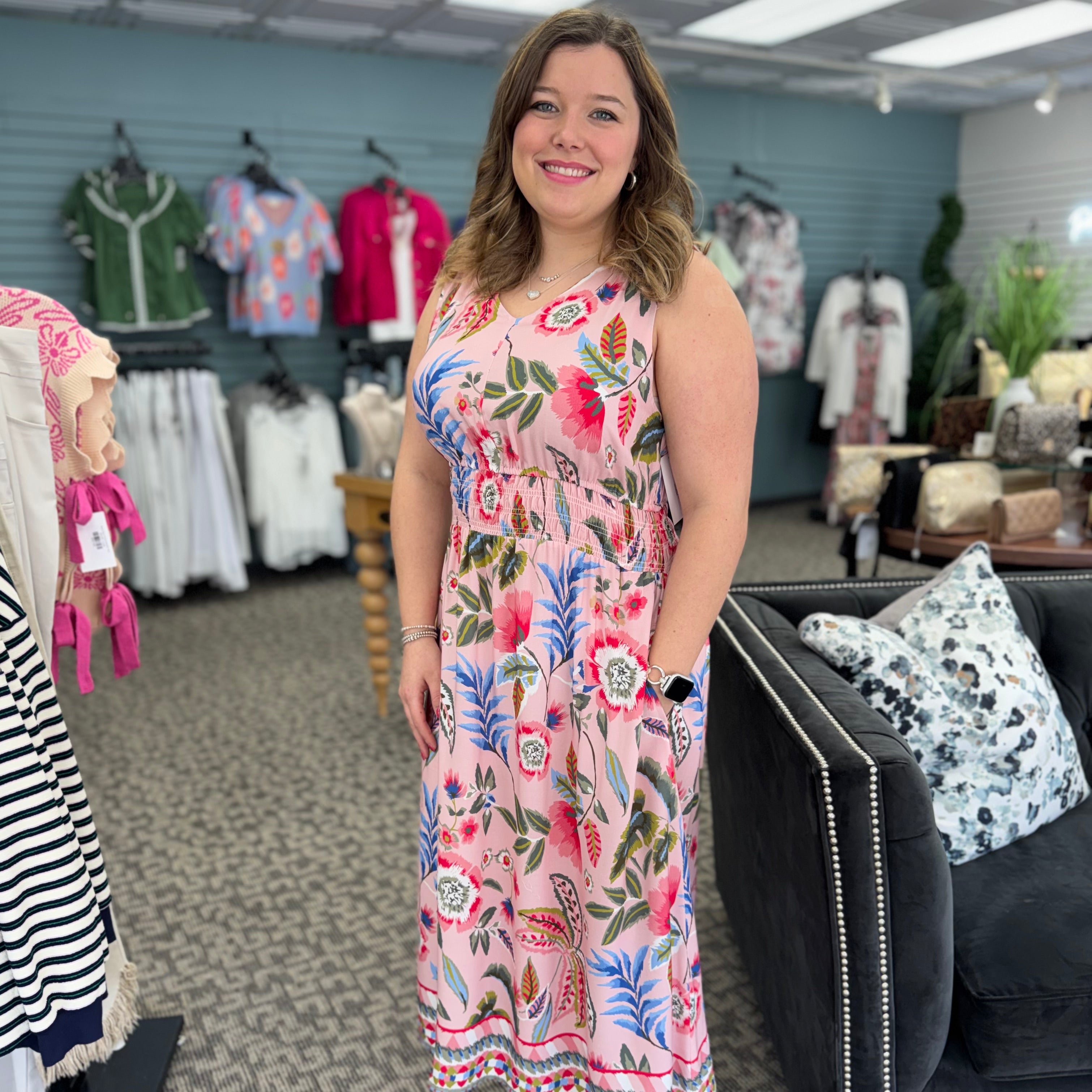 Printed Viscose Dress With Smocking at Waist