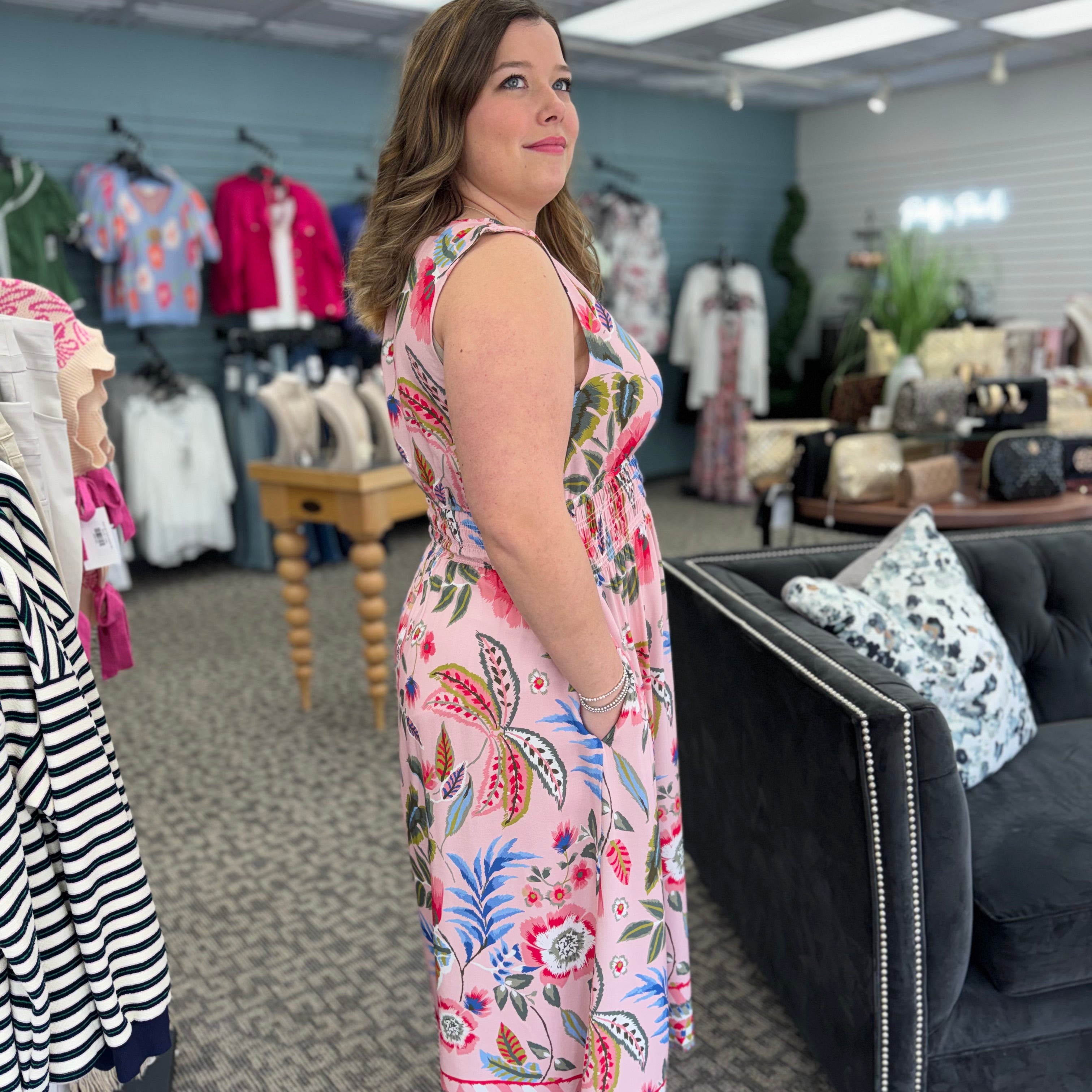 Printed Viscose Dress With Smocking at Waist