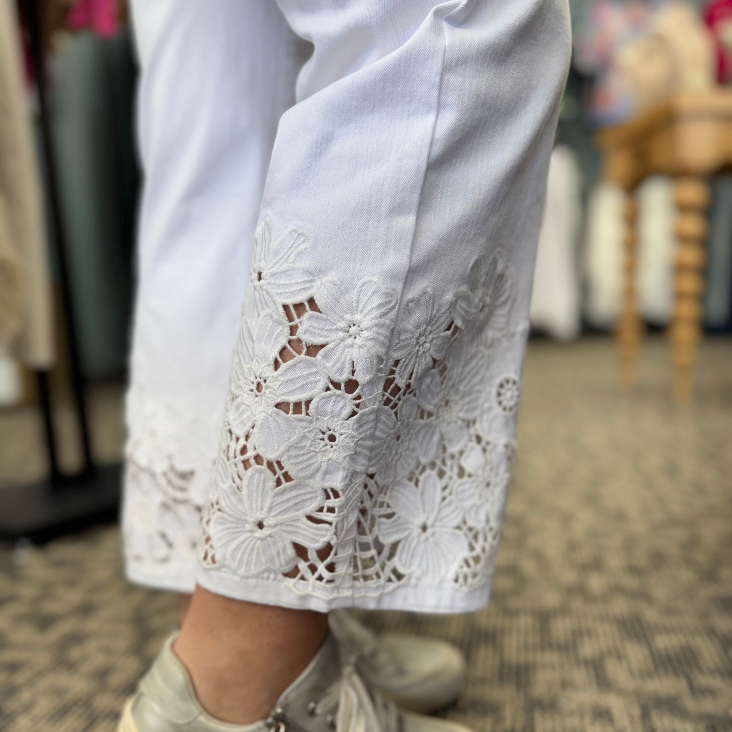 Crop Flare Leg Jeans With Laser Cut Lace Hem