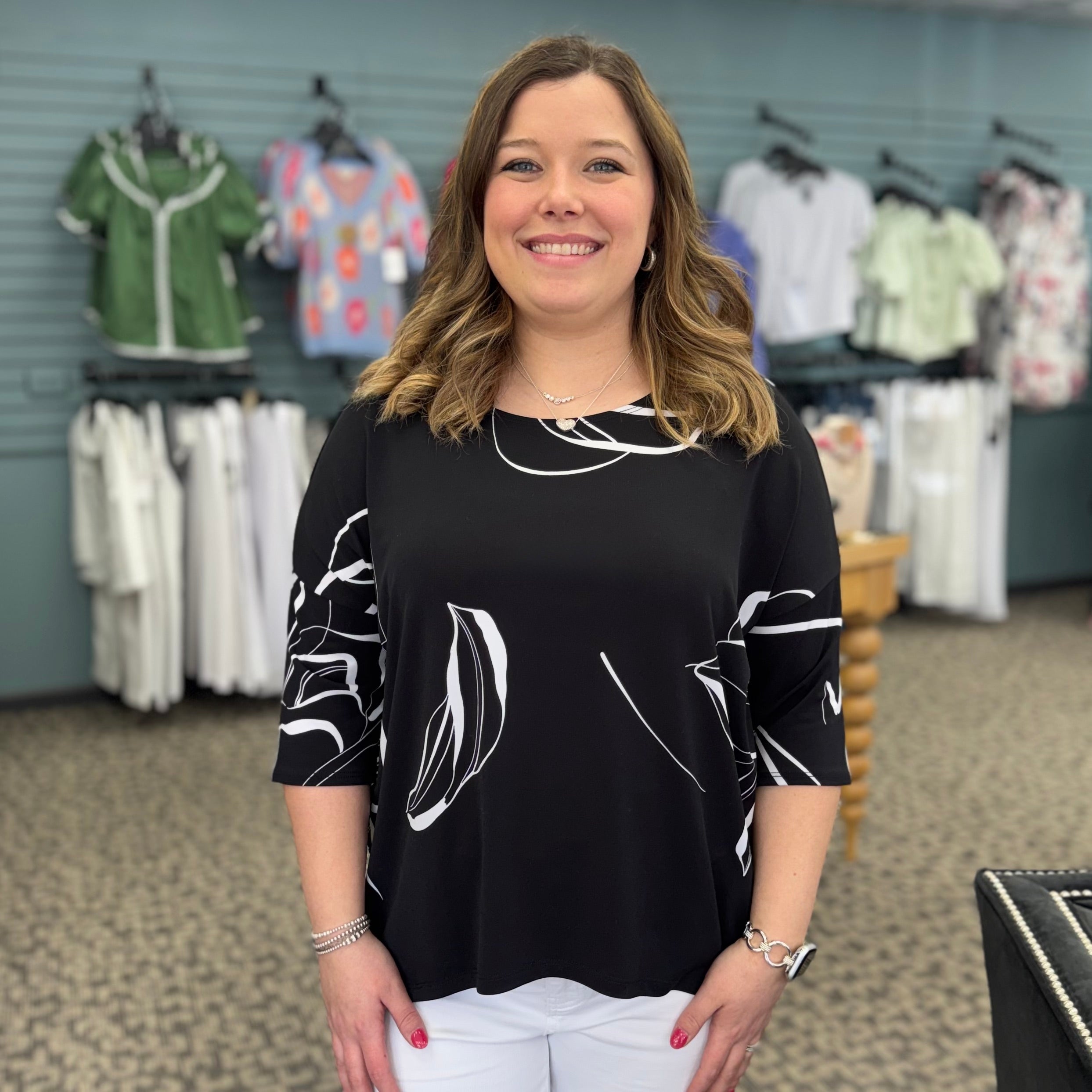 Floral Outline Loose Cut Half Sleeve Top