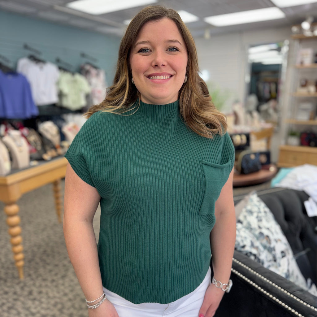 Patch Pocket Ribbed Knit Short Sleeve Sweater