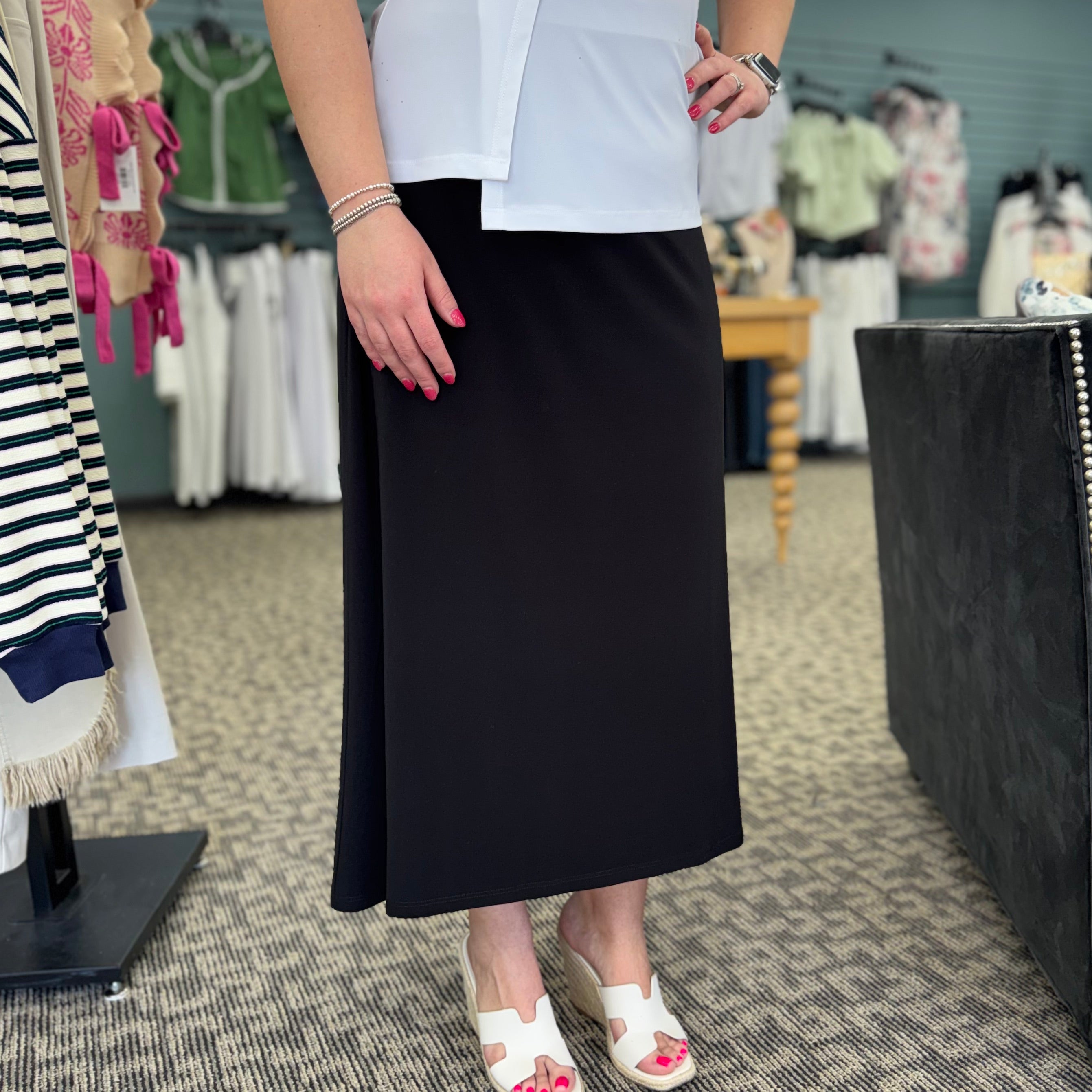 Soft Knit Long Pull-On Skirt w/ Subtle High Low Hem