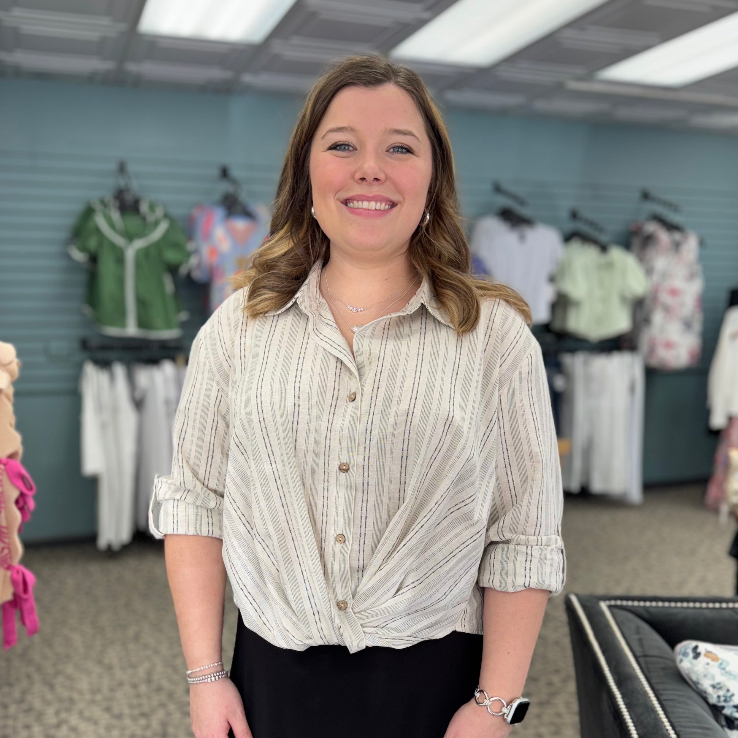 Yarn Dye Stripe Twist Front Shirt With Roll Up Long Sleeves