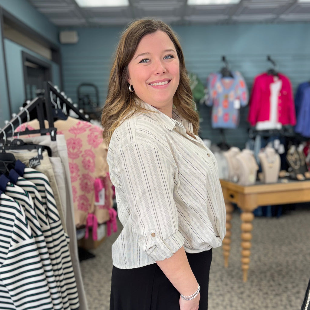 Yarn Dye Stripe Twist Front Shirt With Roll Up Long Sleeves