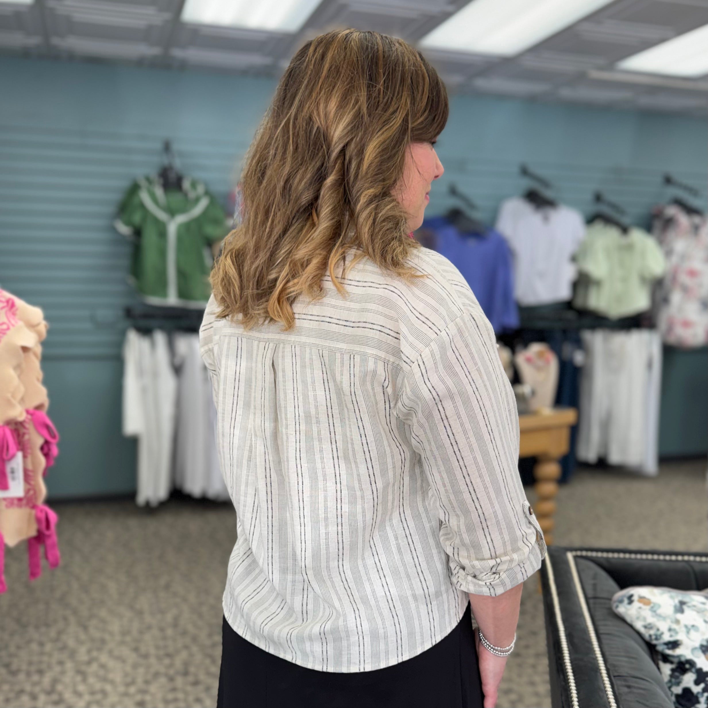 Yarn Dye Stripe Twist Front Shirt With Roll Up Long Sleeves