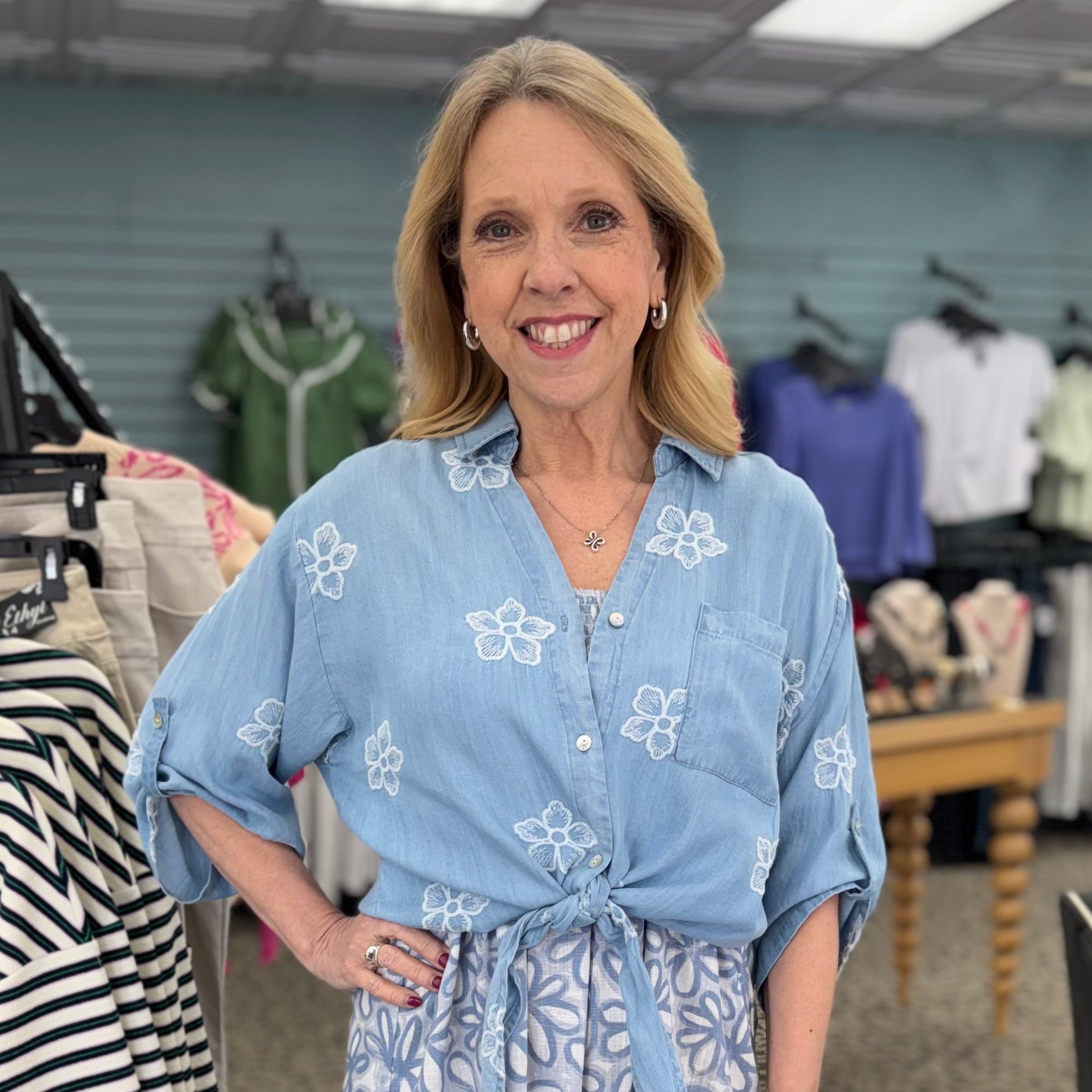 3/4 Rolled Up Sleeves Blouse With All Over Embroidery