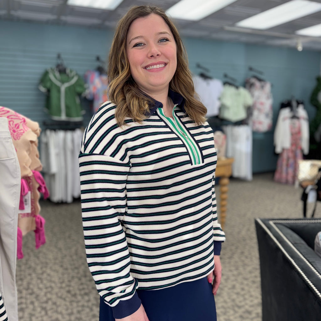 Striped Contrast Collar Zip V Neck Top